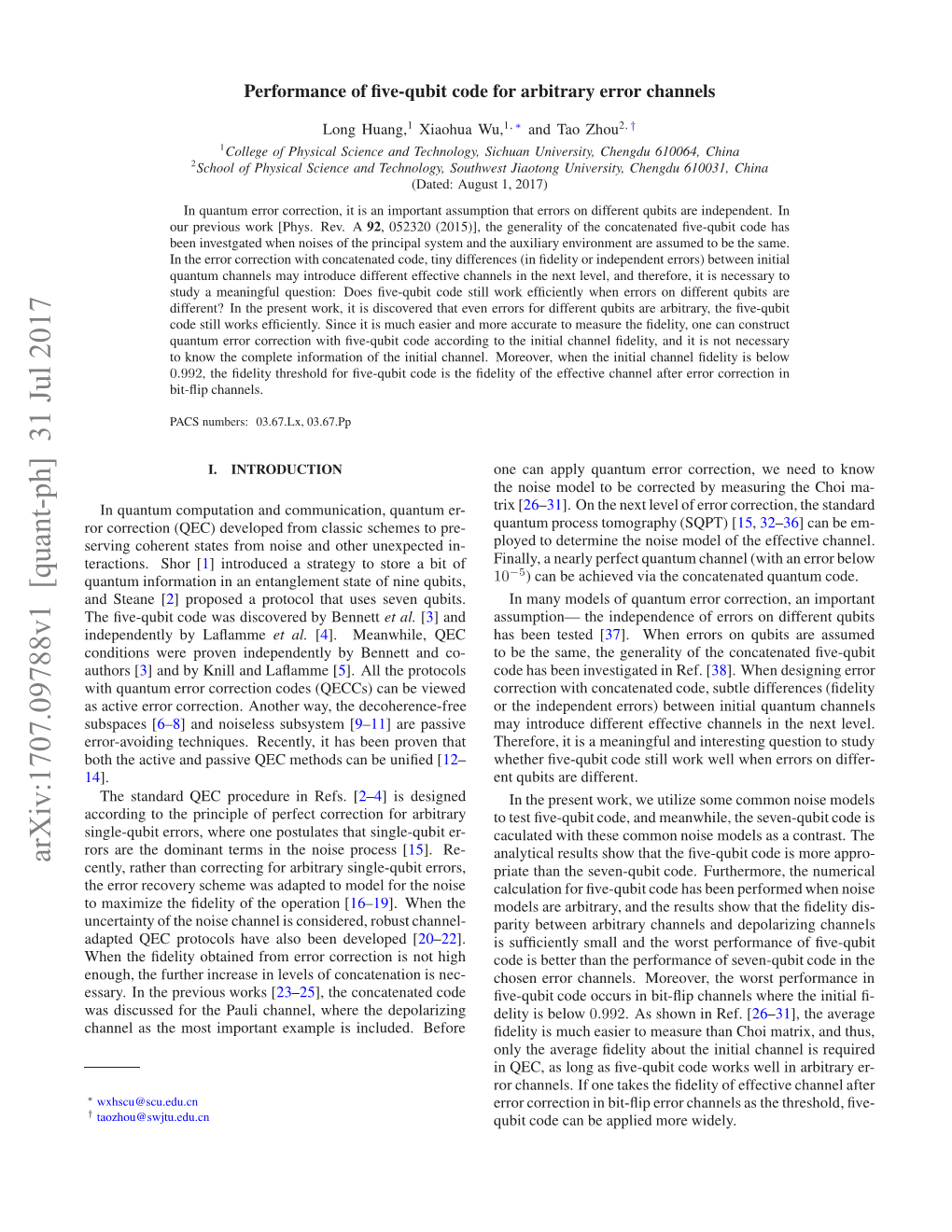 Performance of Five-Qubit Code for Arbitrary Error Channels