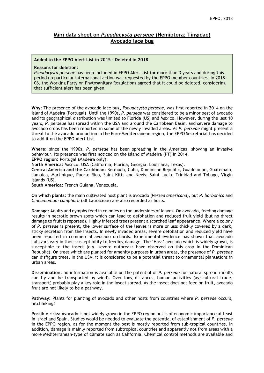 Mini Data Sheet on Pseudacysta Perseae (Hemiptera: Tingidae) Avocado Lace Bug