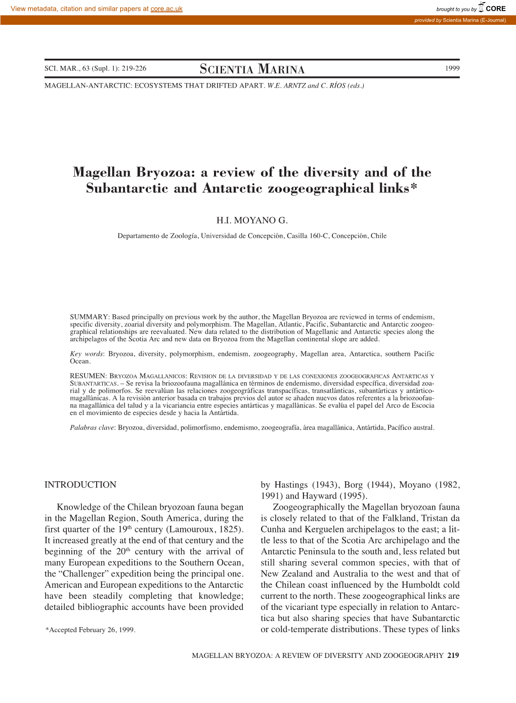 Magellan Bryozoa: a Review of the Diversity and of the Subantarctic and Antarctic Zoogeographical Links*