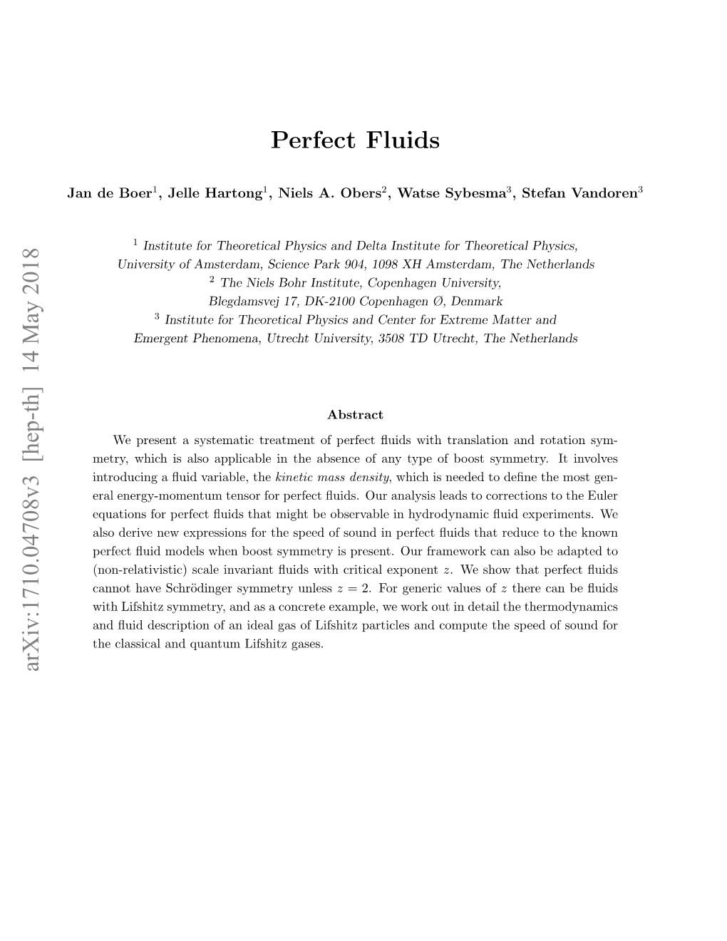 Perfect Fluids Arxiv:1710.04708V3 [Hep-Th] 14 May 2018