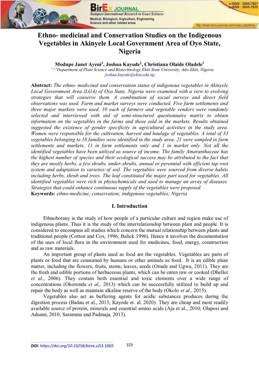 Ethno- Medicinal and Conservation Studies on the Indigenous Vegetables in Akinyele Local Government Area of Oyo State, Nigeria