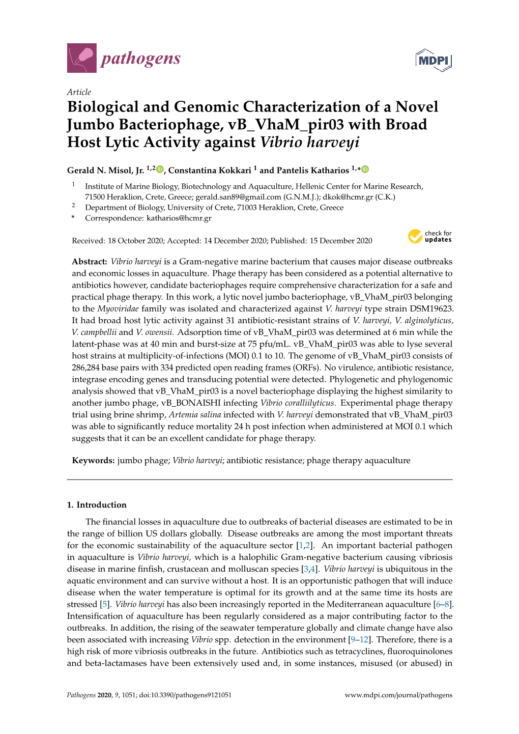 Biological and Genomic Characterization of a Novel Jumbo Bacteriophage, Vb Vham Pir03 with Broad Host Lytic Activity Against Vibrio Harveyi