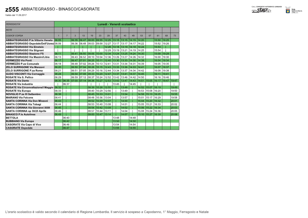 ABBIATEGRASSO - BINASCO/CASORATE Valido Dal 11.09.2017