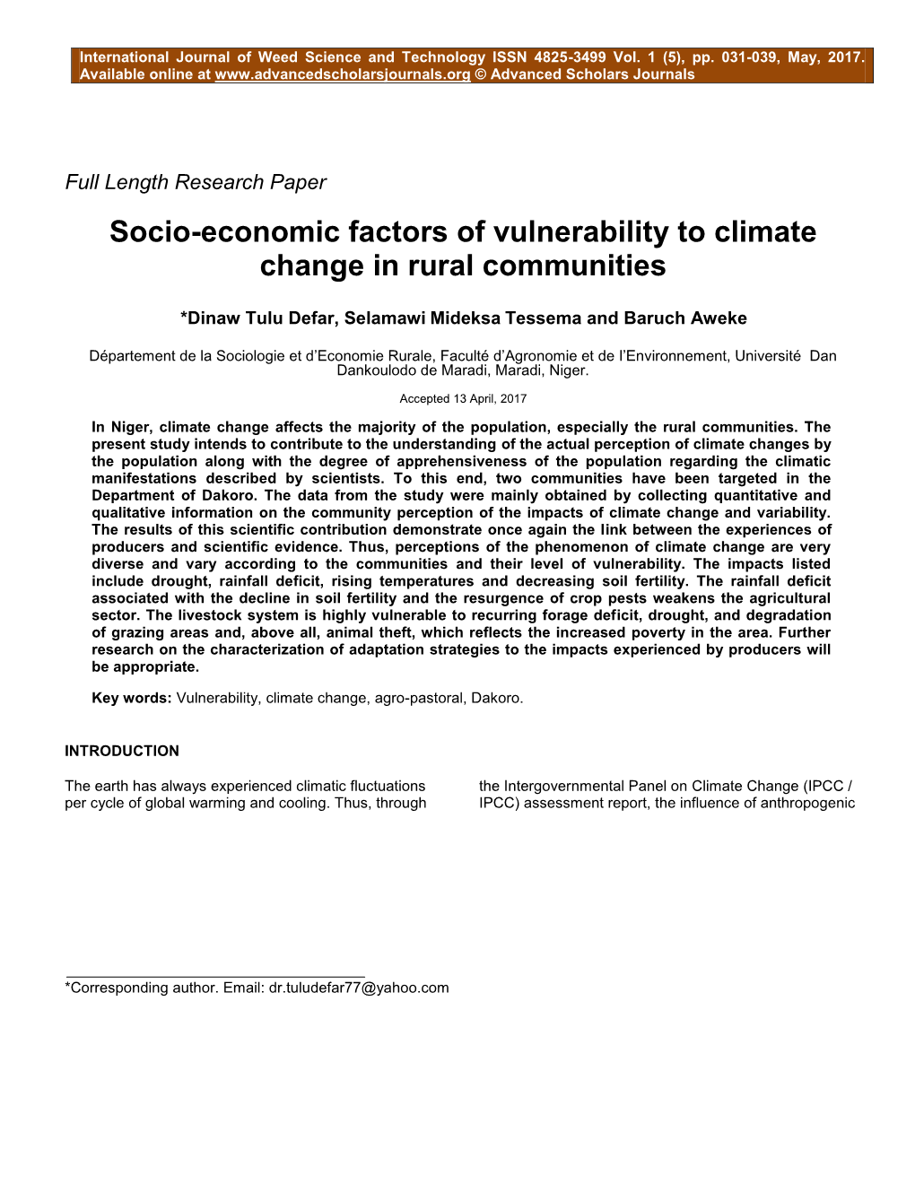 Socio-Economic Factors of Vulnerability to Climate Change in Rural Communities