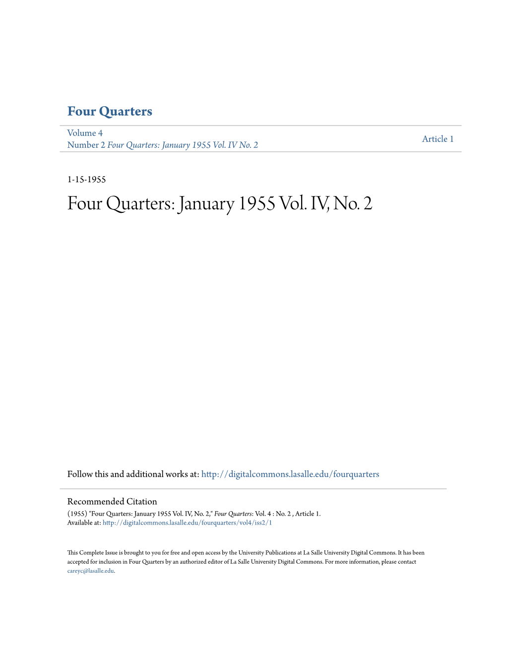 Four Quarters Volume 4 Article 1 Number 2 Four Quarters: January 1955 Vol