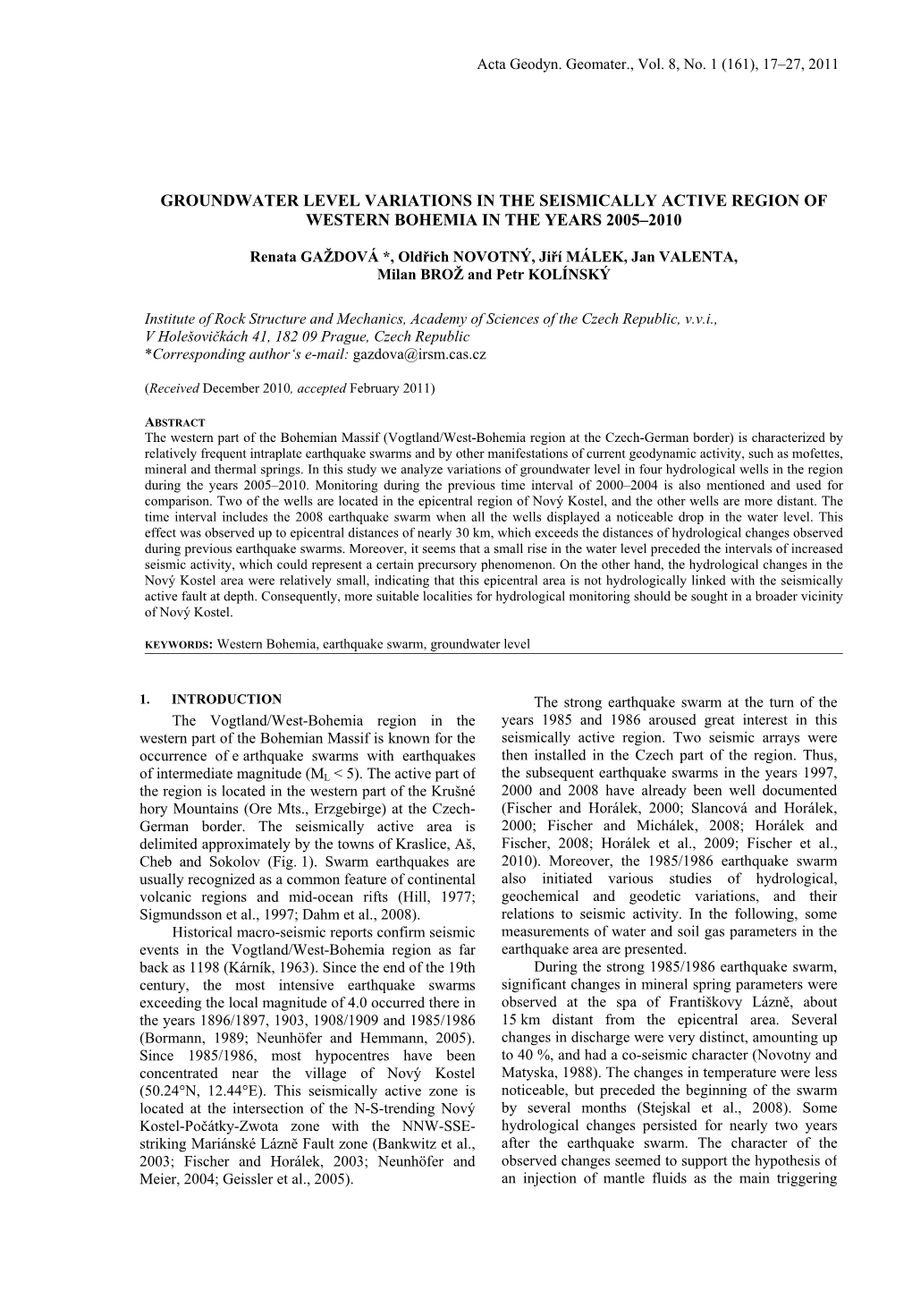 Groundwater Level Variations in the Seismically Active Region of Western Bohemia in the Years 2005–2010