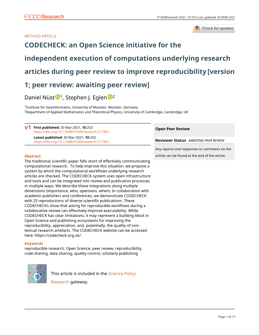 CODECHECK: an Open Science Initiative For