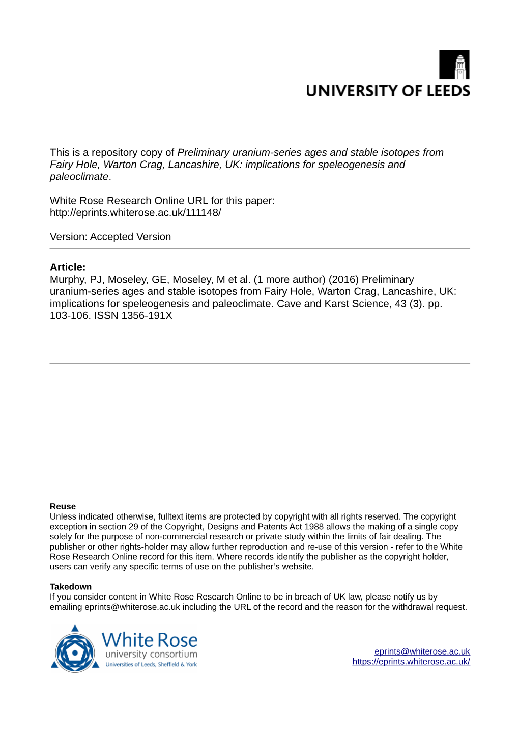 Preliminary Uranium-Series Ages and Stable Isotopes from Fairy Hole, Warton Crag, Lancashire, UK: Implications for Speleogenesis and Paleoclimate