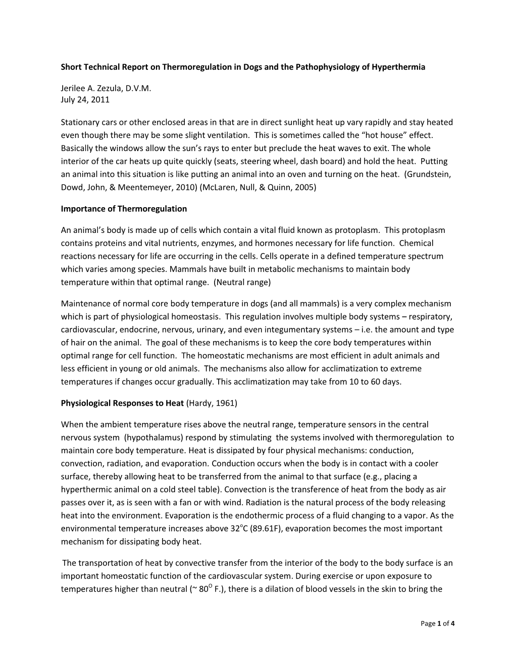 Short Technical Report on Thermoregulation in Dogs and the Pathophysiology of Hyperthermia