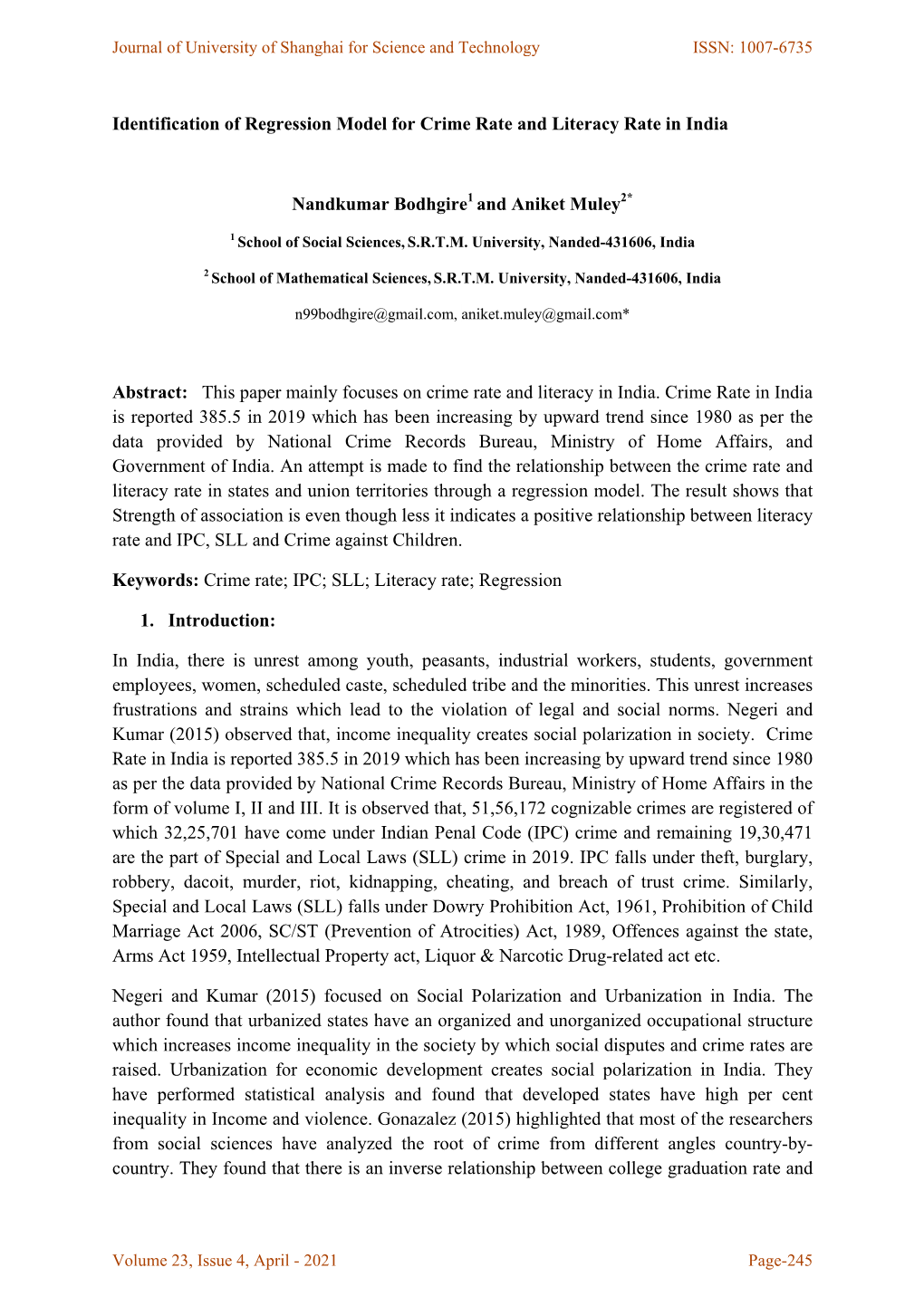 Identification of Regression Model for Crime Rate and Literacy Rate in India