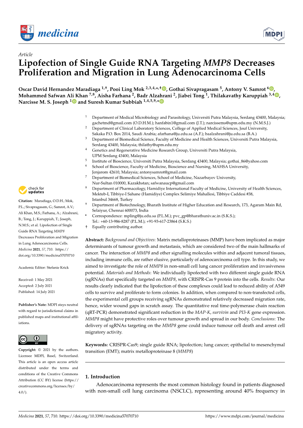 Lipofection of Single Guide RNA Targeting MMP8 Decreases Proliferation and Migration in Lung Adenocarcinoma Cells