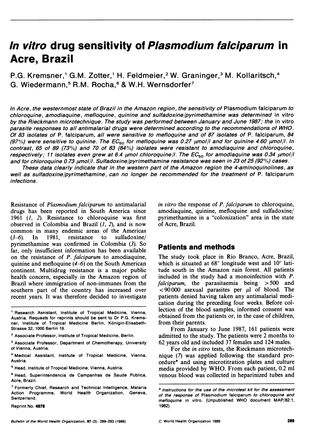 In Vitro Drug Sensitivity of Plasmodium Falciparum in Acre, Brazil P.G