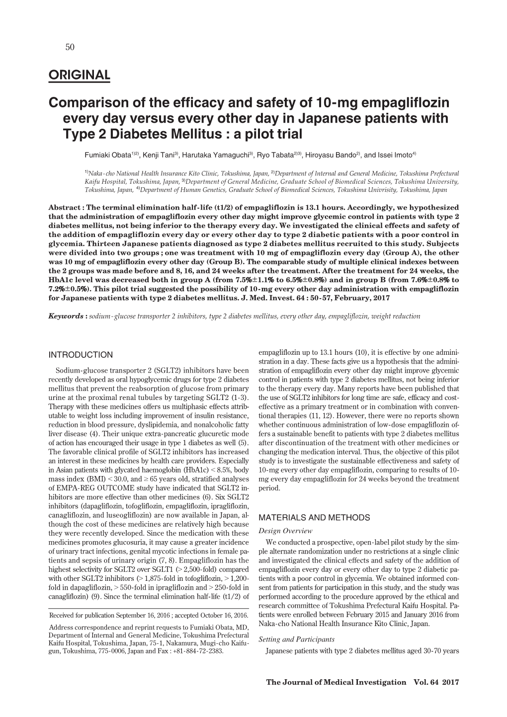 Comparison of the Efficacy and Safety of 10-Mg Empagliflozin Every Day Versus Every Other Day in Japanese Patients with Type 2 Diabetes Mellitus : a Pilot Trial