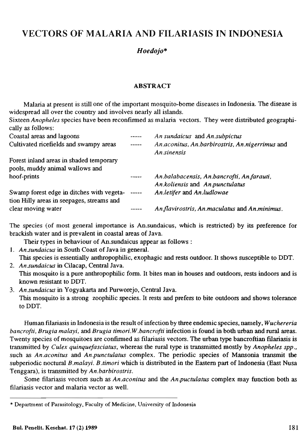 Vectors of Malaria and Filariasis in Indonesia