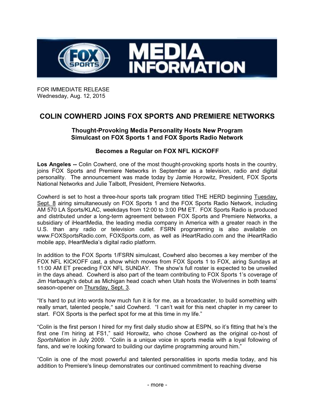 Colin Cowherd Joins Fox Sports and Premiere Networks