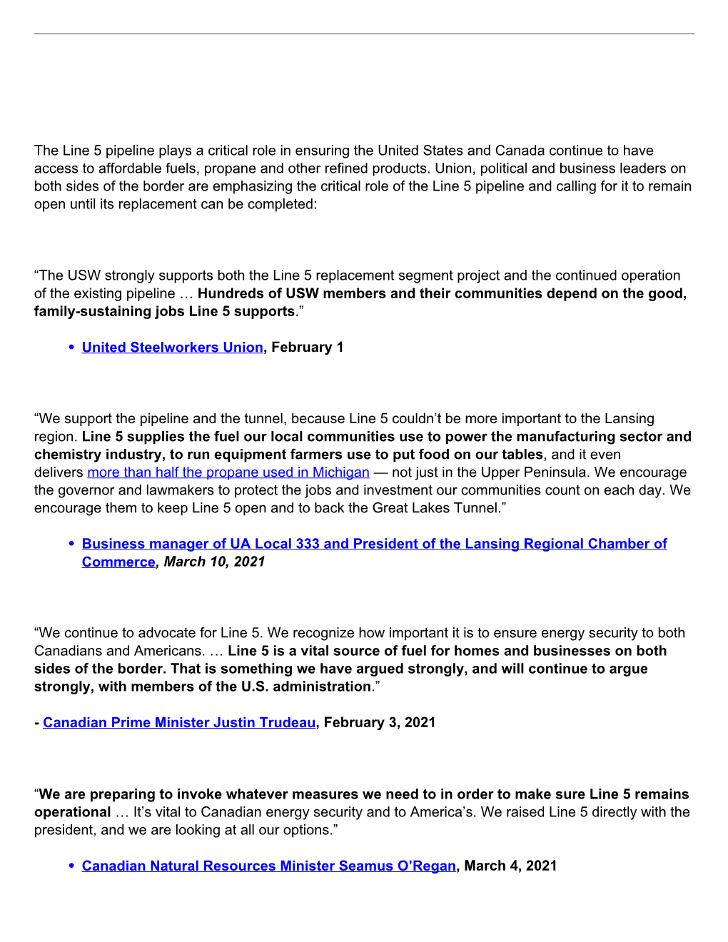 The Line 5 Pipeline Plays a Critical Role in Ensuring the United States and Canada Continue to Have Access to Affordable Fuels, Propane and Other Refined Products