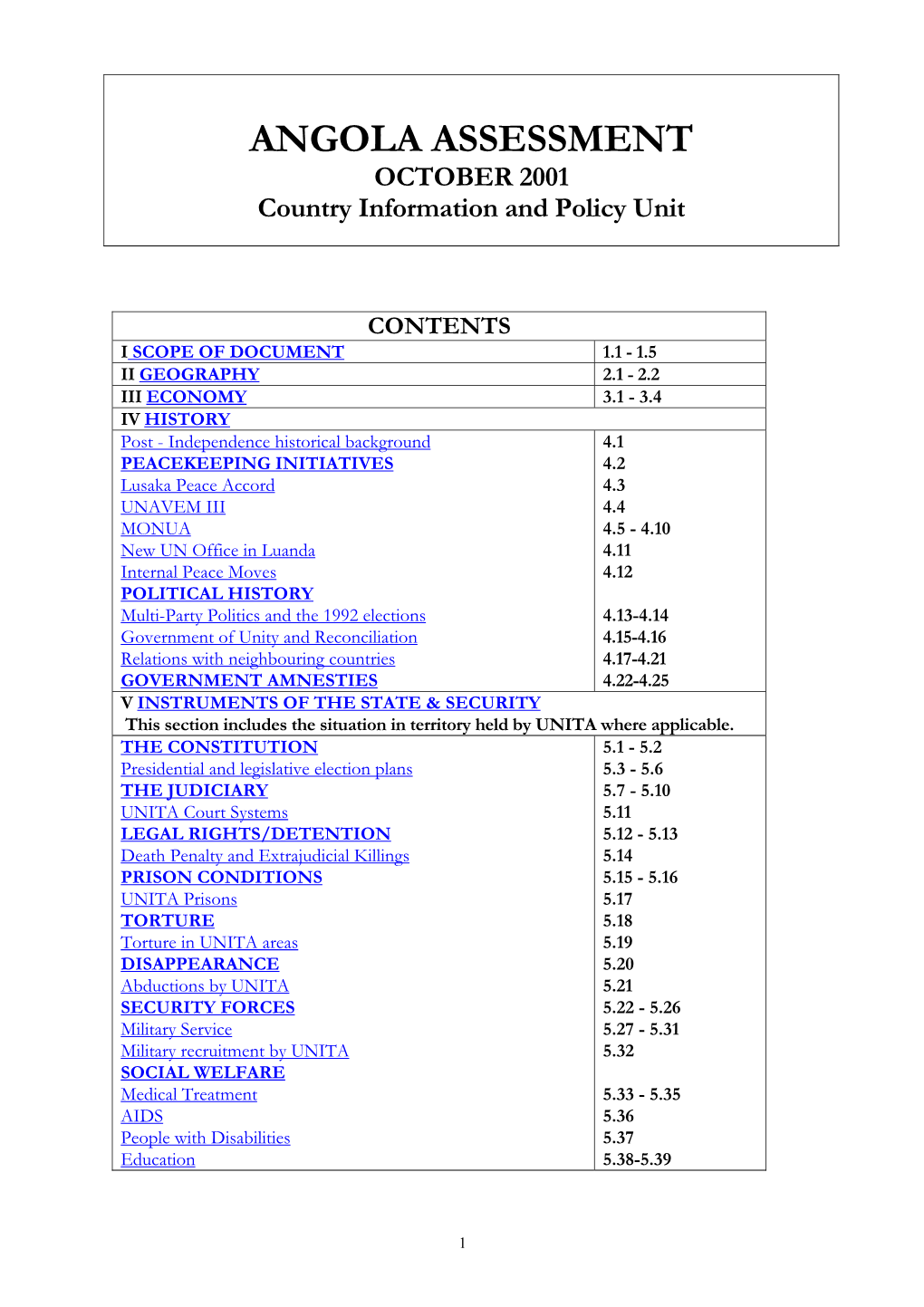 ANGOLA ASSESSMENT OCTOBER 2001 Country Information and Policy Unit