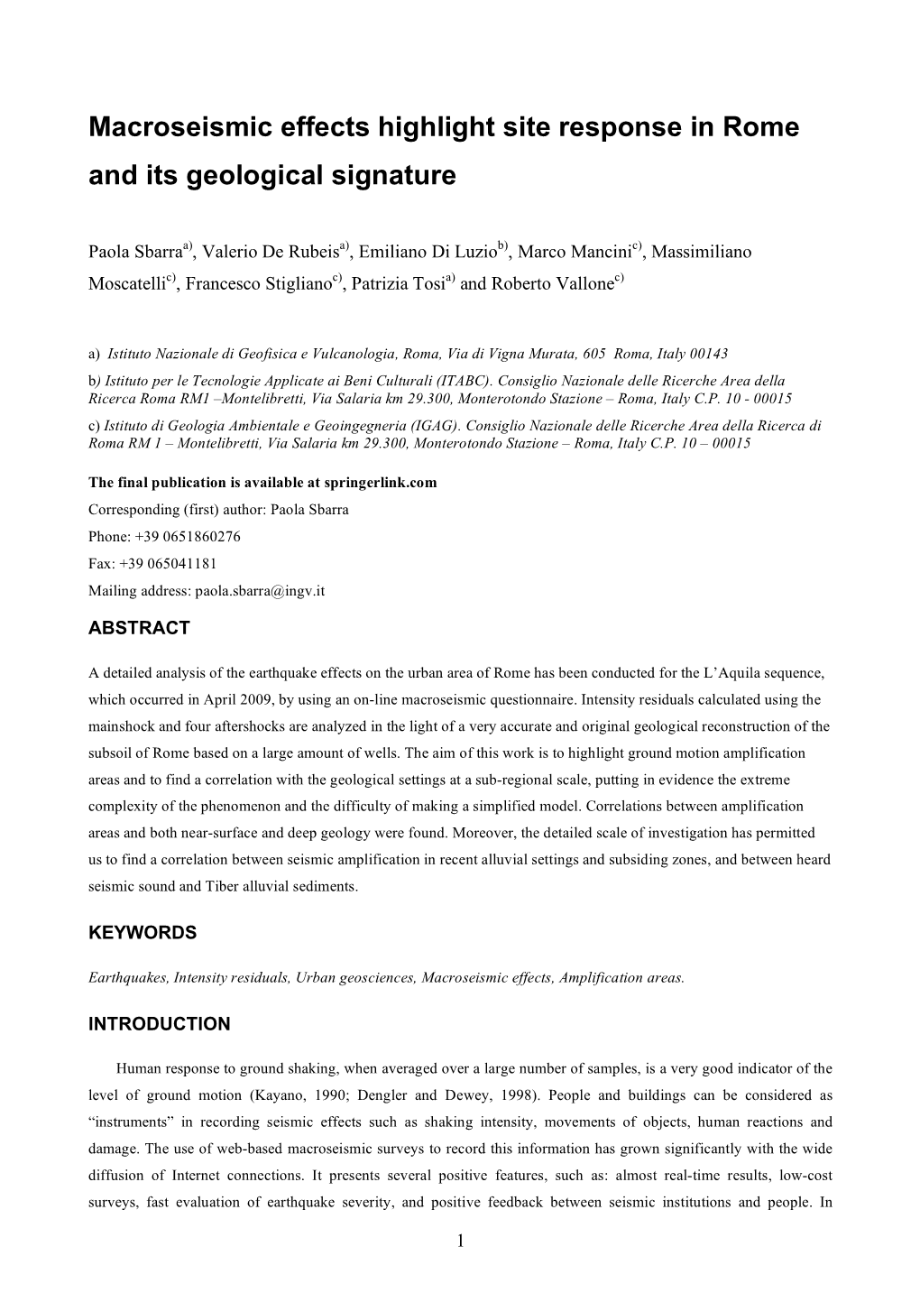 Macroseismic Effects Highlight Site Response in Rome and Its Geological Signature