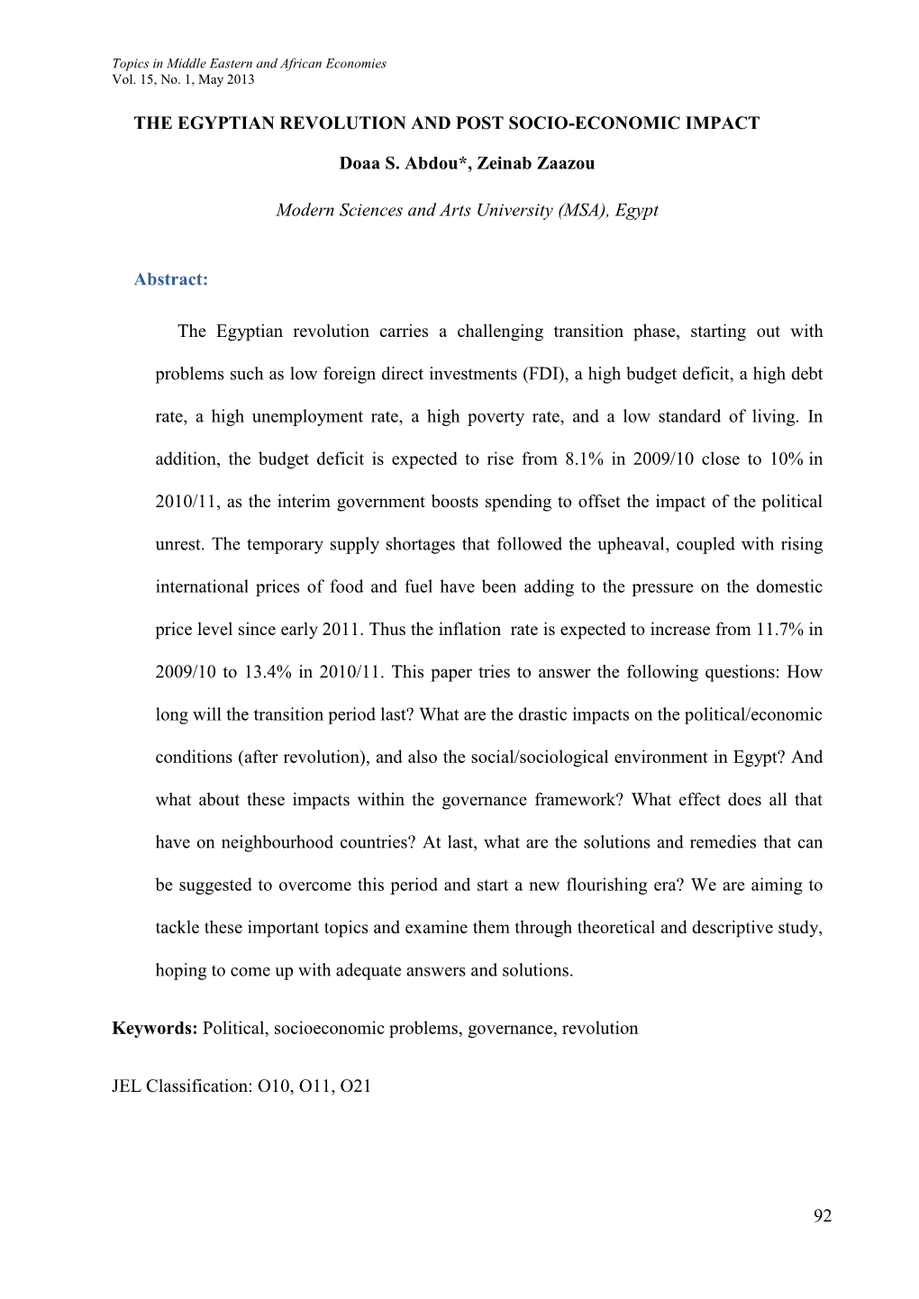 The Egyptian Revolution and Post Socio-Economic Impact