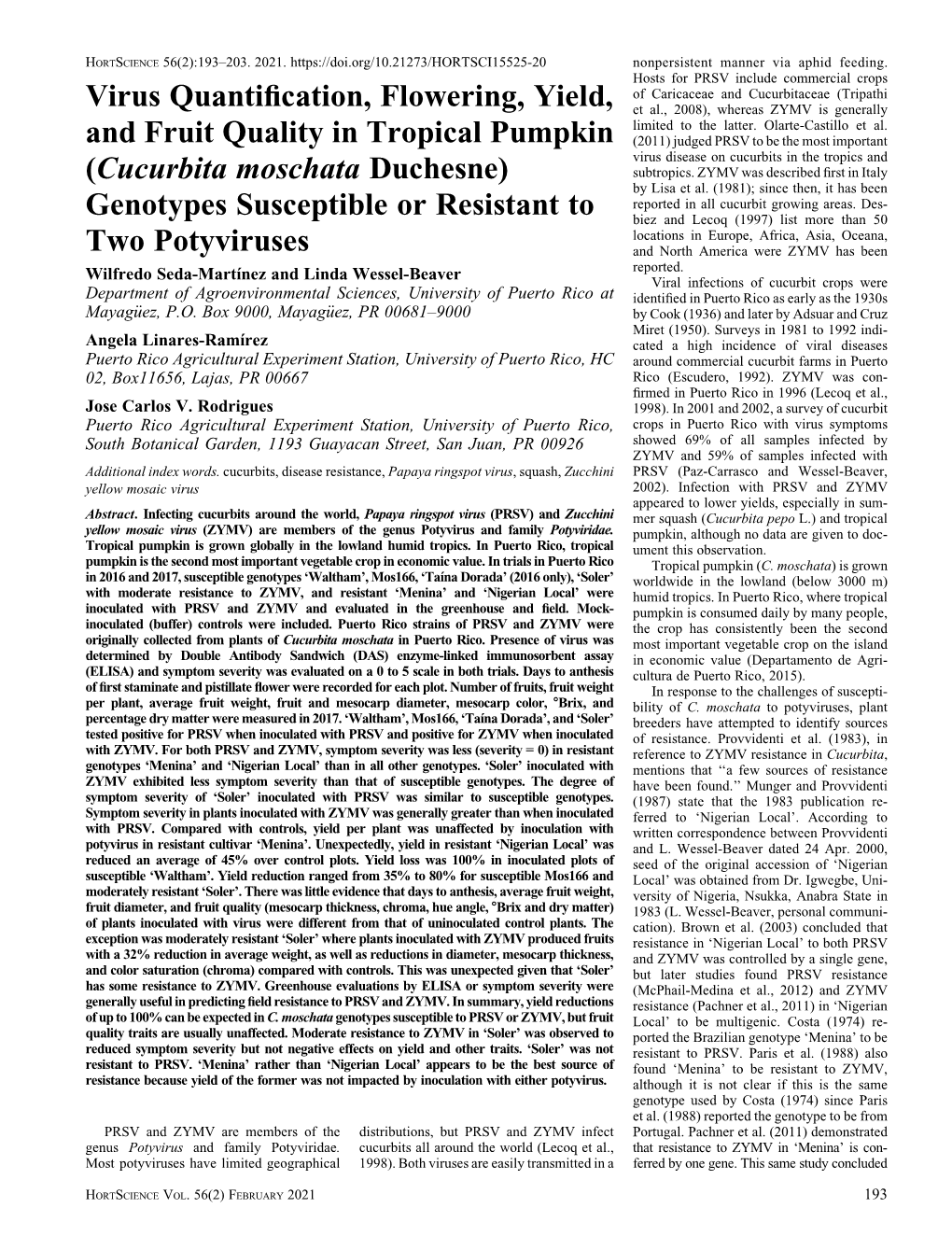 Virus Quantification, Flowering, Yield, and Fruit Quality in Tropical Pumpkin