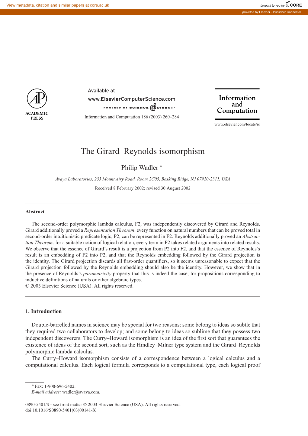 The Girard–Reynolds Isomorphism