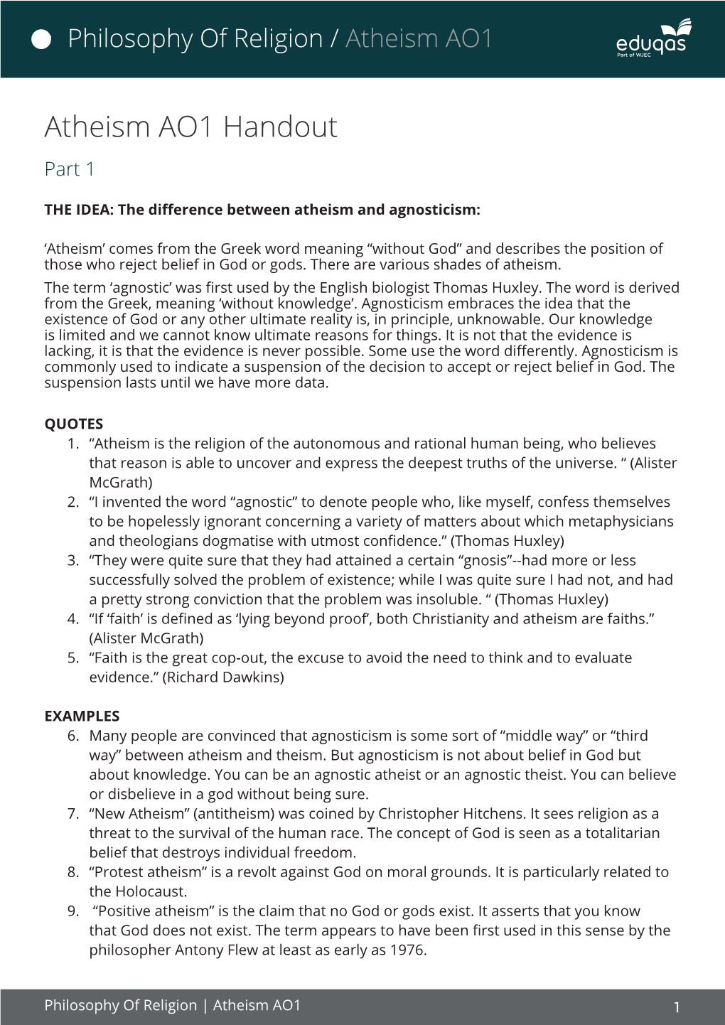 Atheism AO1 Handout Part 1