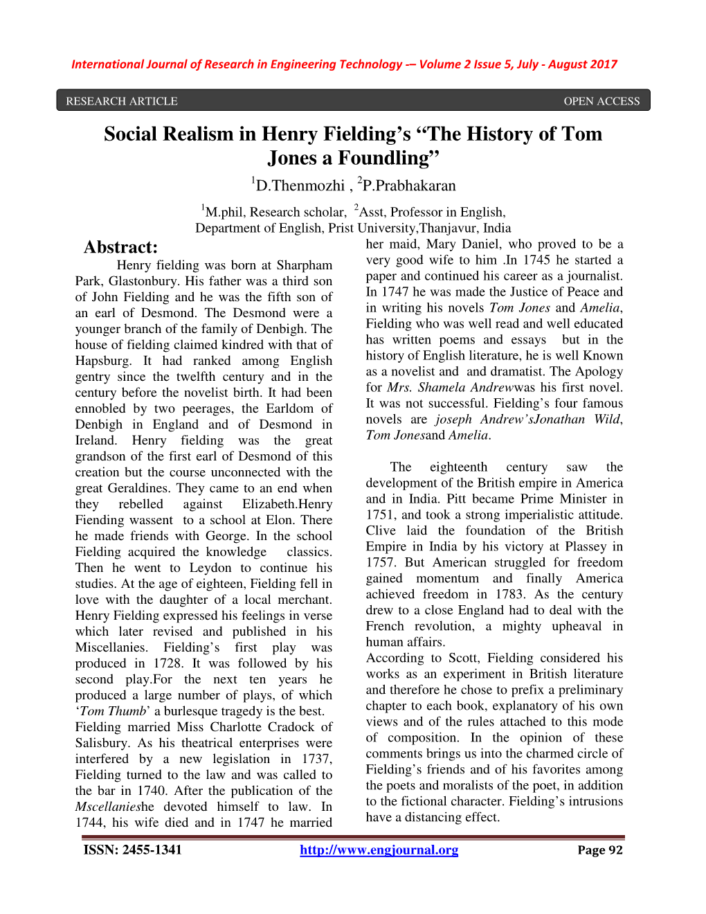 Social Realism in Henry Fielding's “The History of Tom Jones a Foundling”
