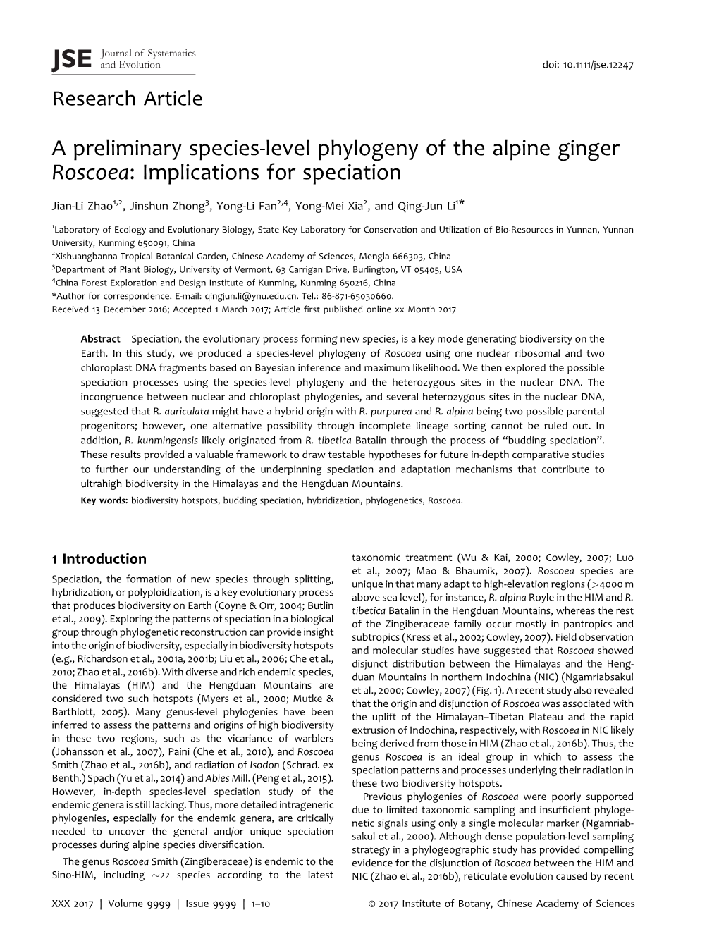 A Preliminary Species-Level Phylogeny of the Alpine Ginger Roscoea: Implications for Speciation