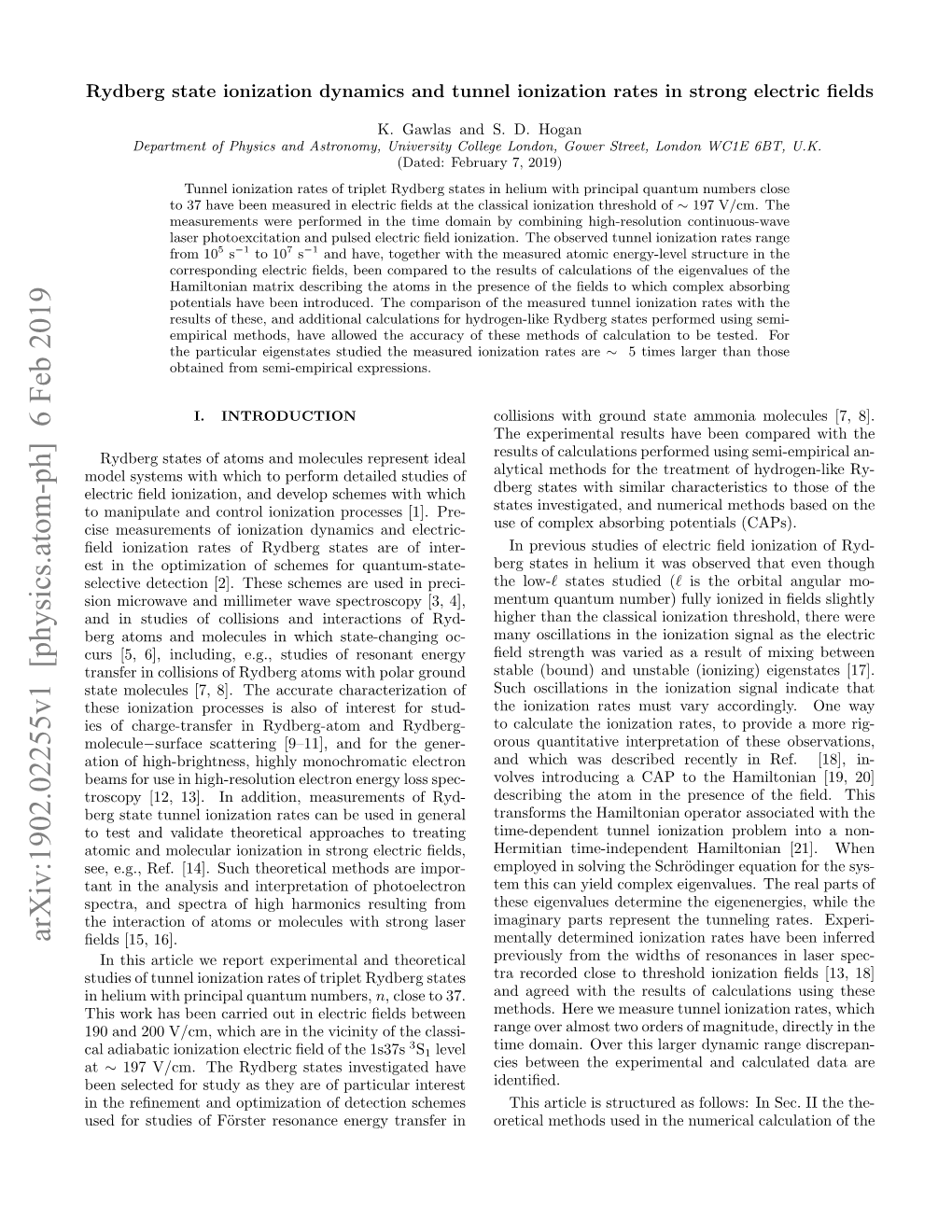 Arxiv:1902.02255V1 [Physics.Atom-Ph] 6 Feb 2019 ﬁelds [15, 16]