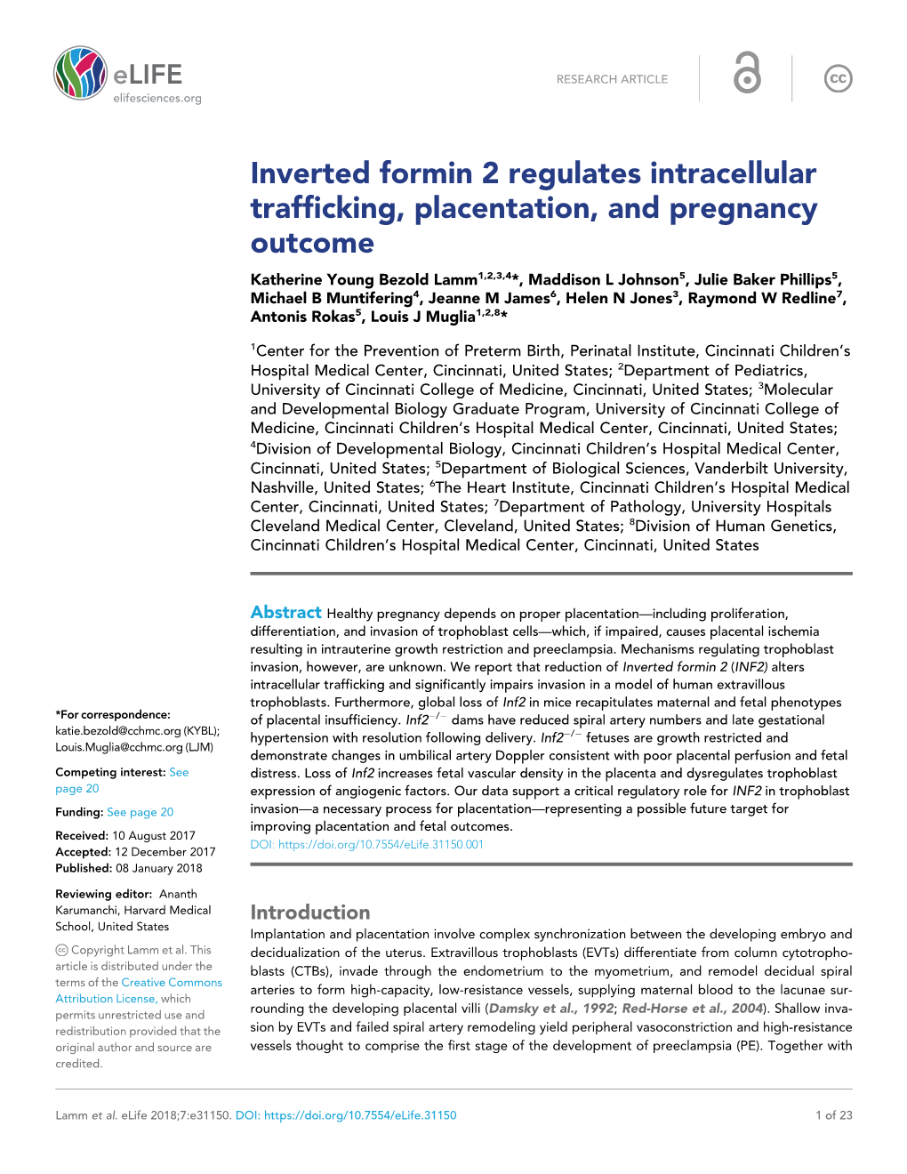 Inverted Formin 2 Regulates Intracellular Trafficking, Placentation