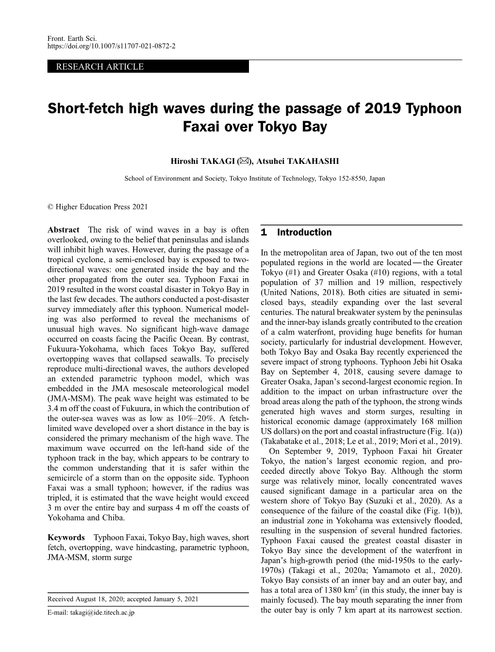 Short-Fetch High Waves During the Passage of 2019 Typhoon Faxai Over Tokyo Bay