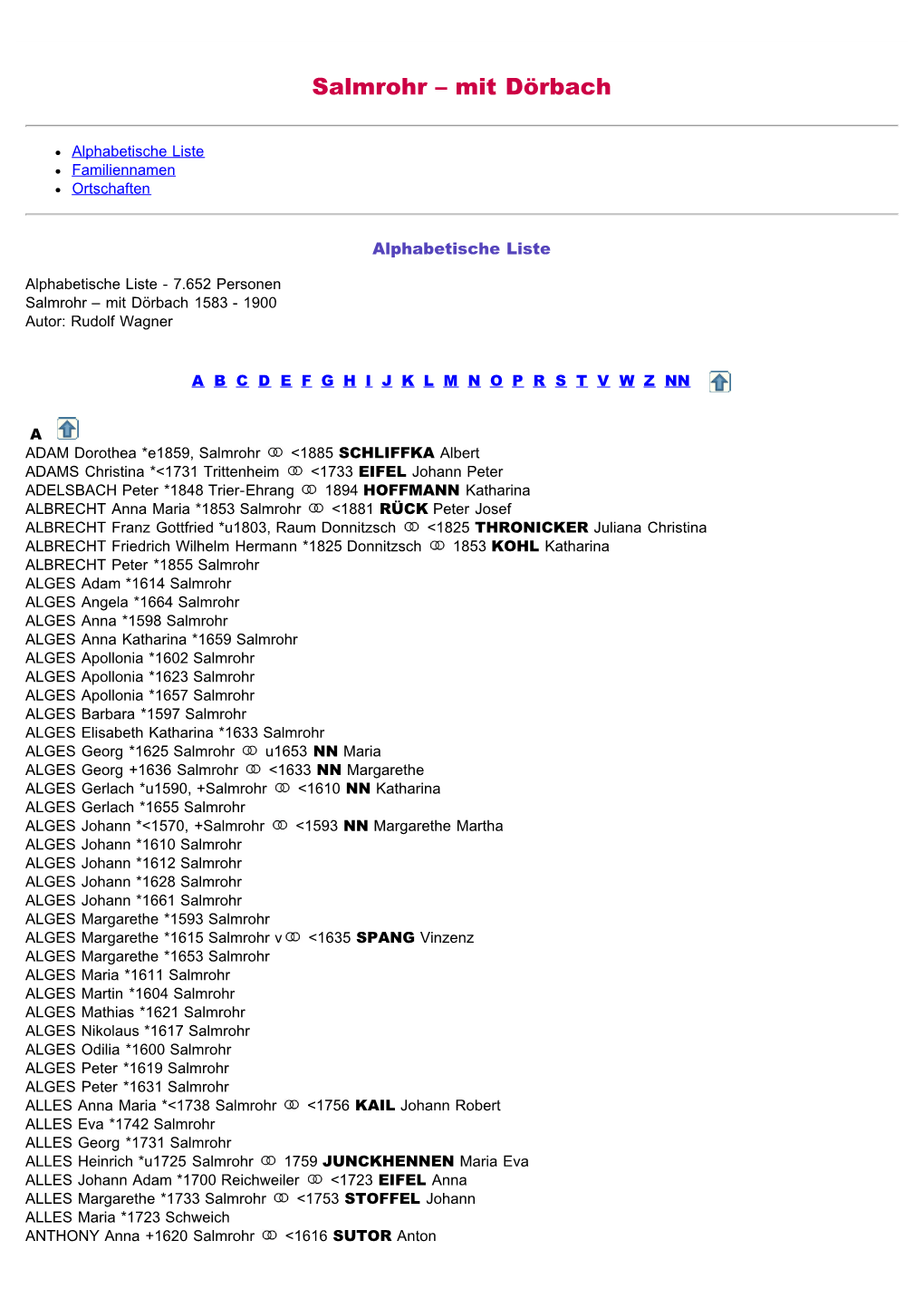 ABC-Listen Zum Familienbuch Rk. Salmrohr Mit Dörbach 1583-1900