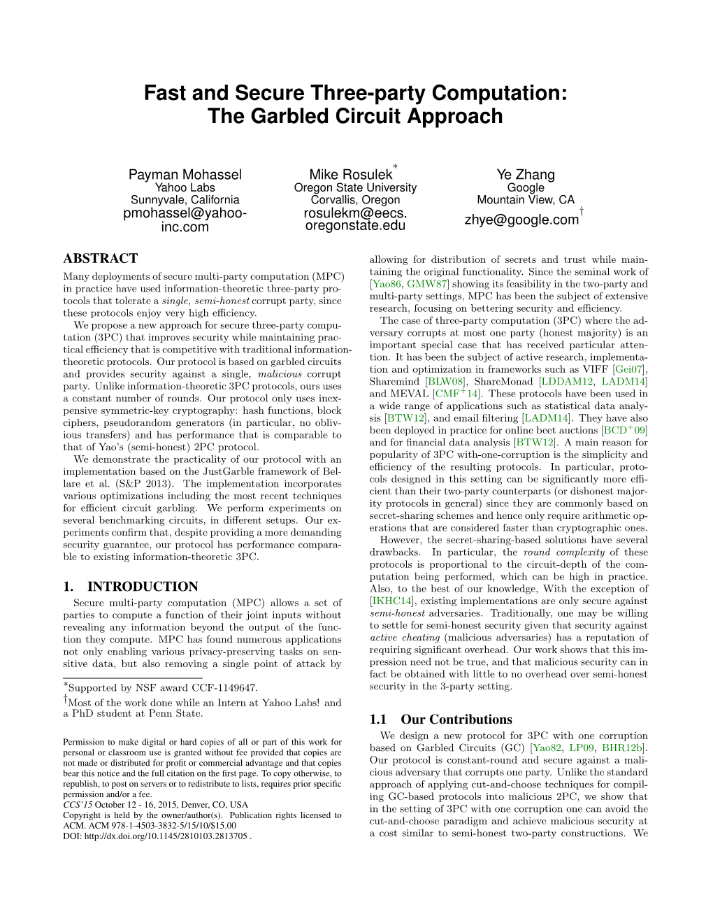 Fast and Secure Three-Party Computation: the Garbled Circuit Approach