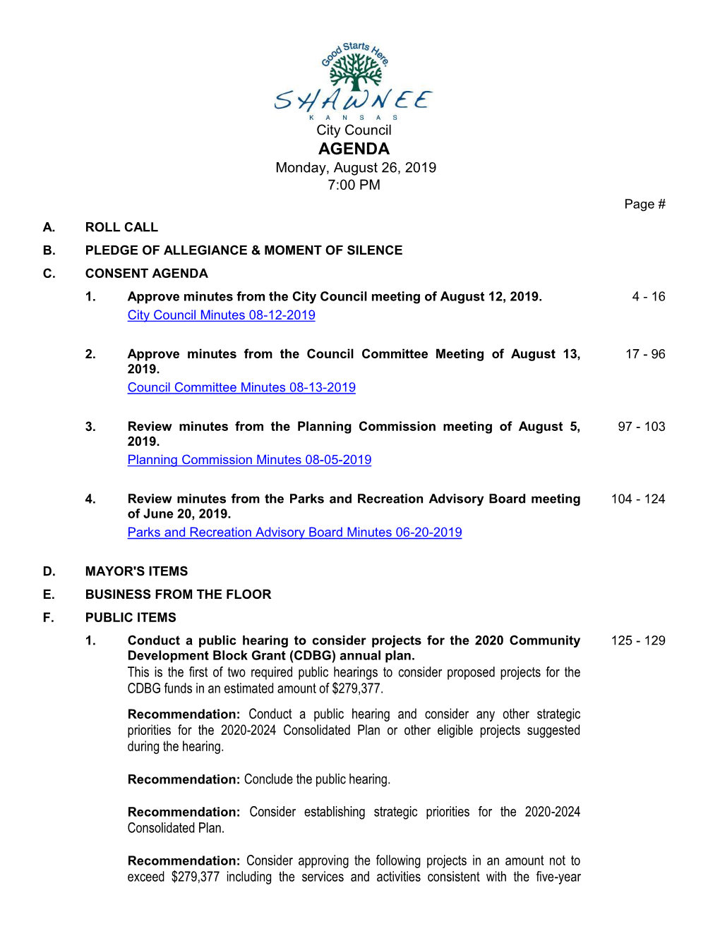 City Council AGENDA Monday, August 26, 2019 7:00 PM Page