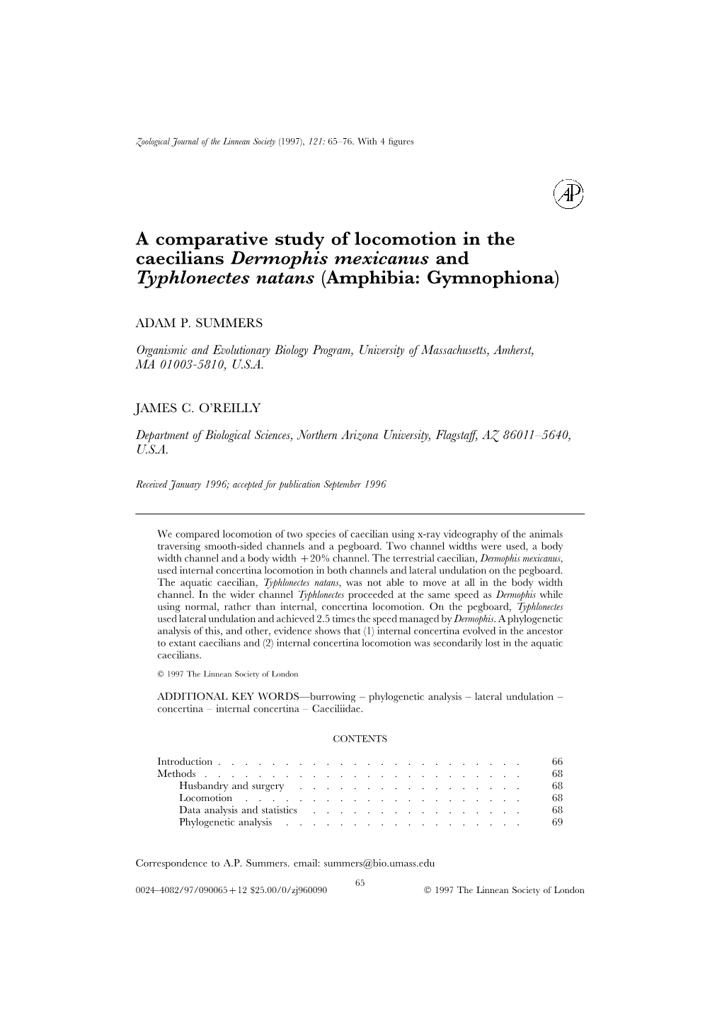 A Comparative Study of Locomotion in the Caecilians Dermophis Mexicanus and Typhlonectes Natans (Amphibia: Gymnophiona)