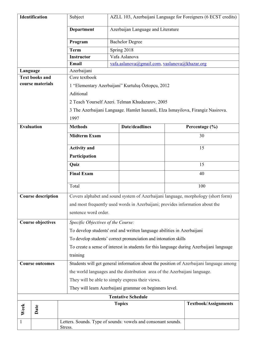 Identification Subject AZLL 103, Azerbaijani Language for Foreigners (6 ECST Credits)