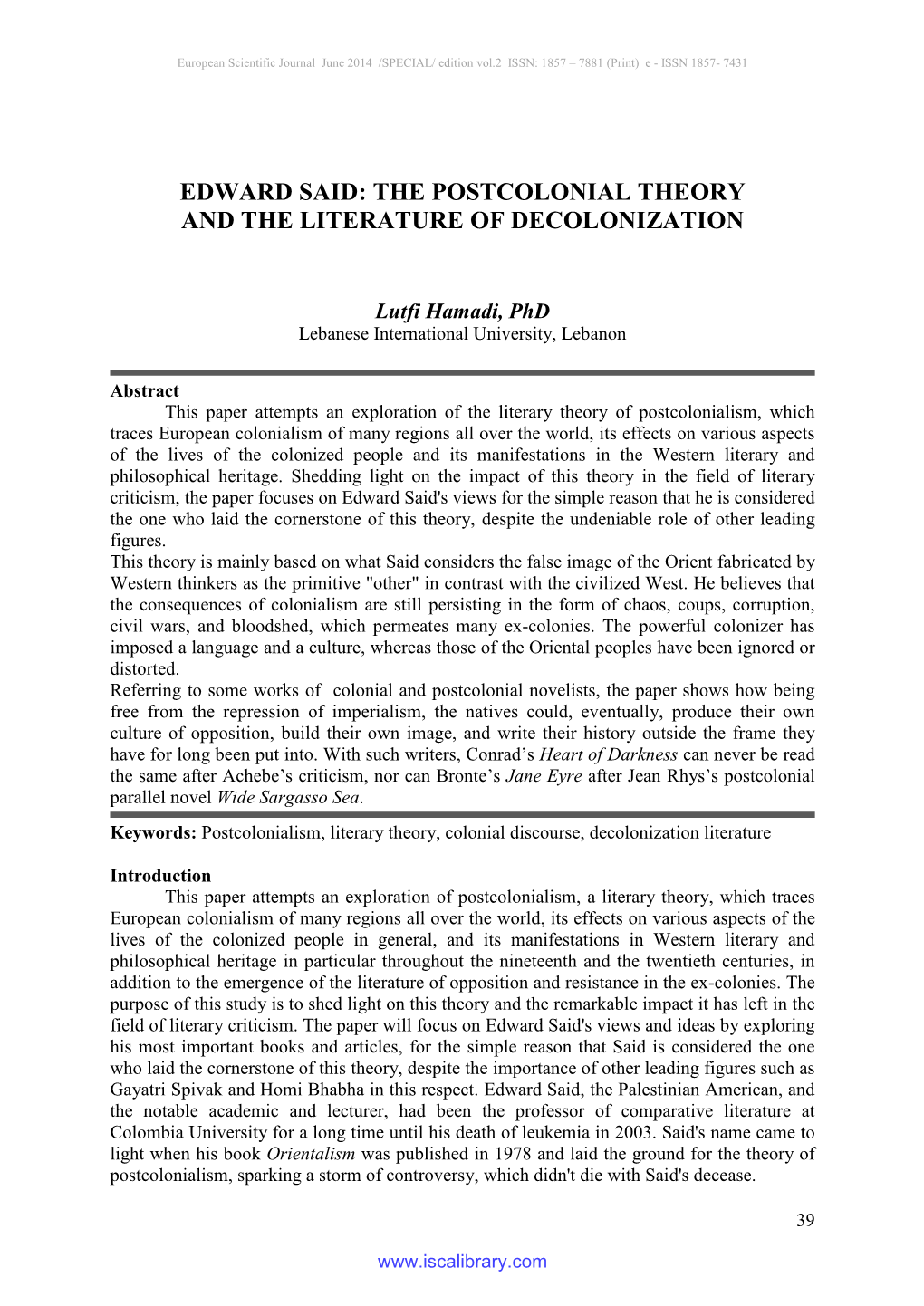 Edward Said: the Postcolonial Theory and the Literature of Decolonization