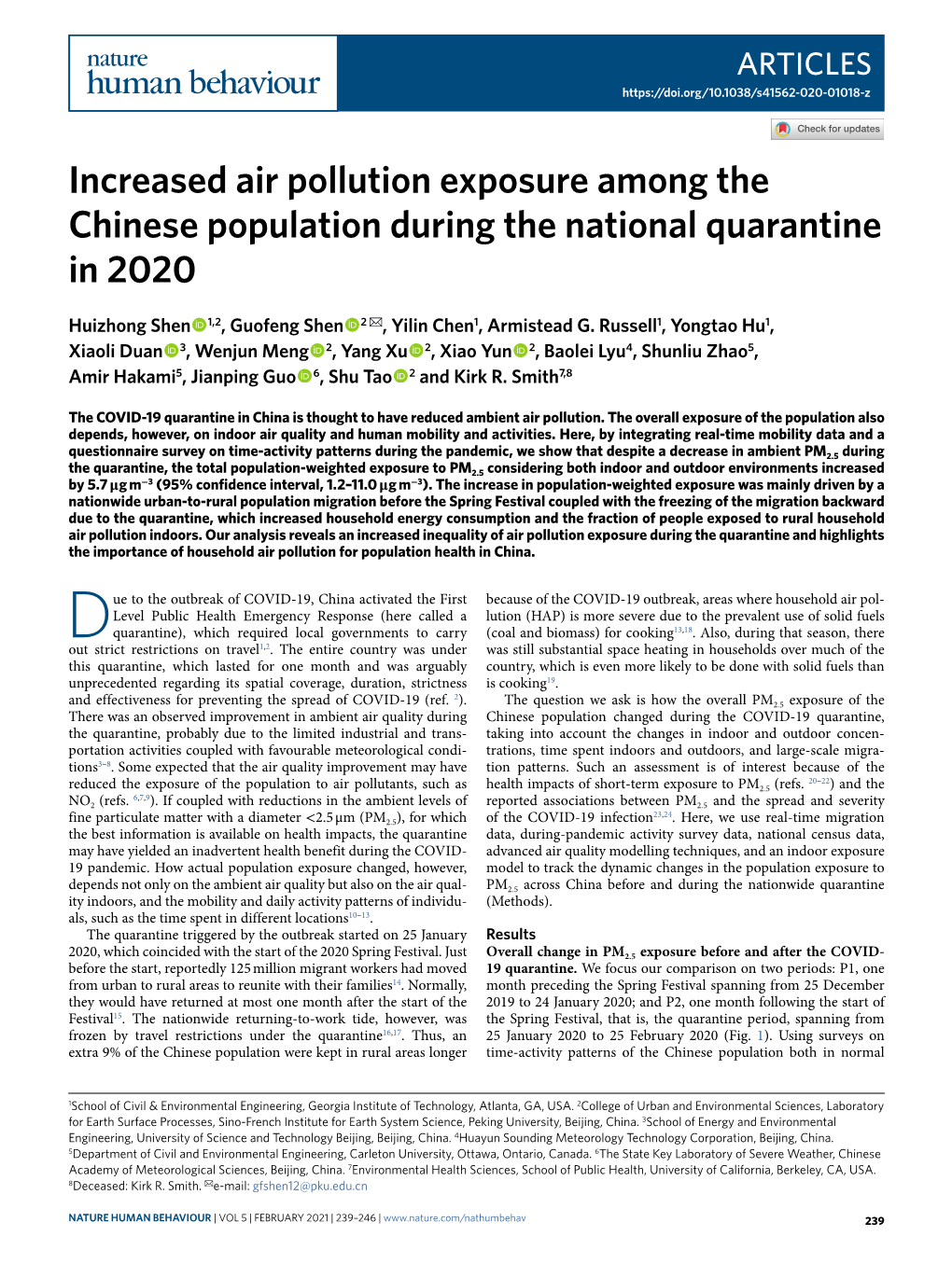 Increased Air Pollution Exposure Among the Chinese Population During the National Quarantine in 2020