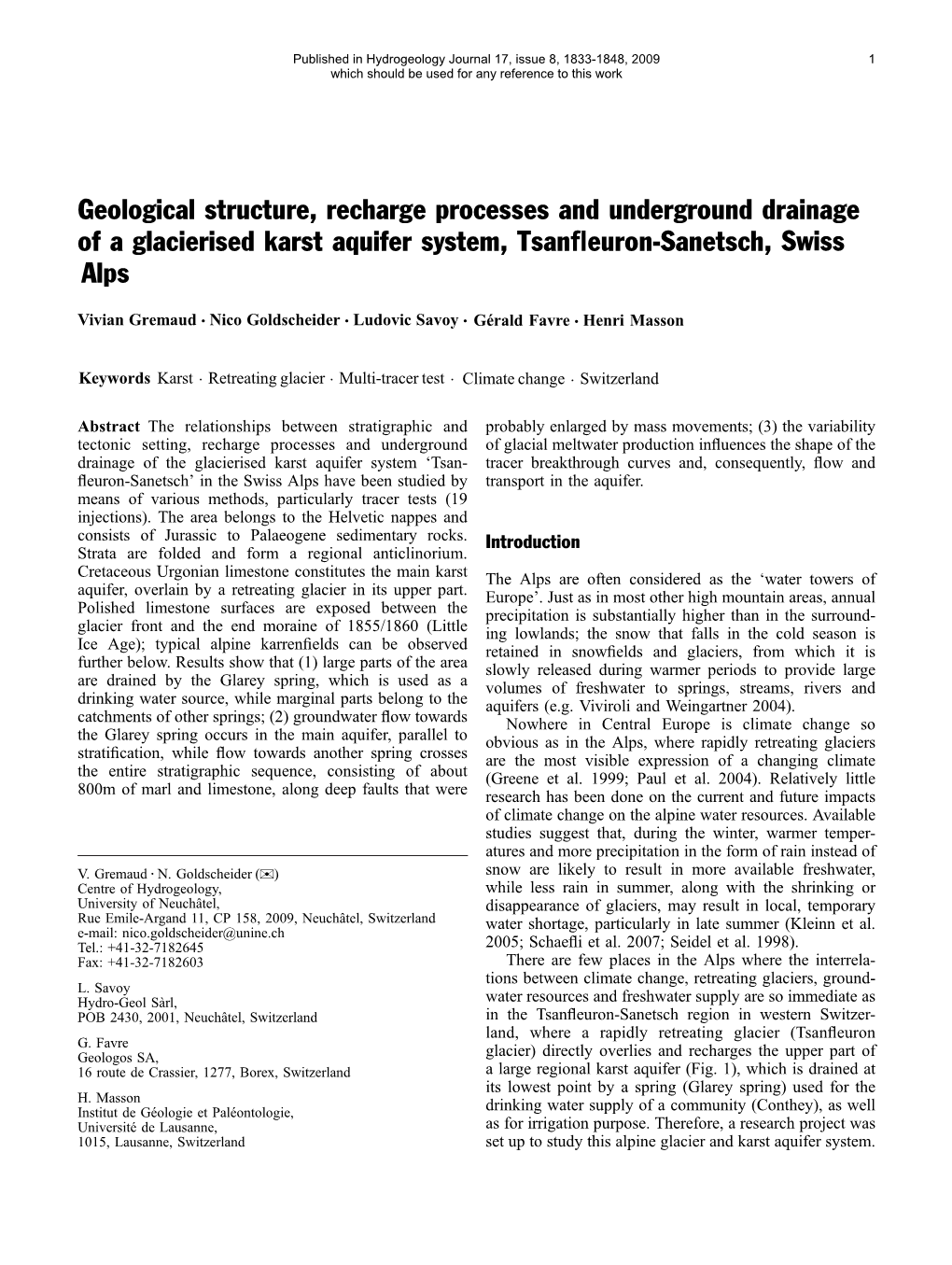 Geological Structure, Recharge Processes and Underground Drainage of a Glacierised Karst Aquifer System, Tsanﬂeuron-Sanetsch, Swiss Alps