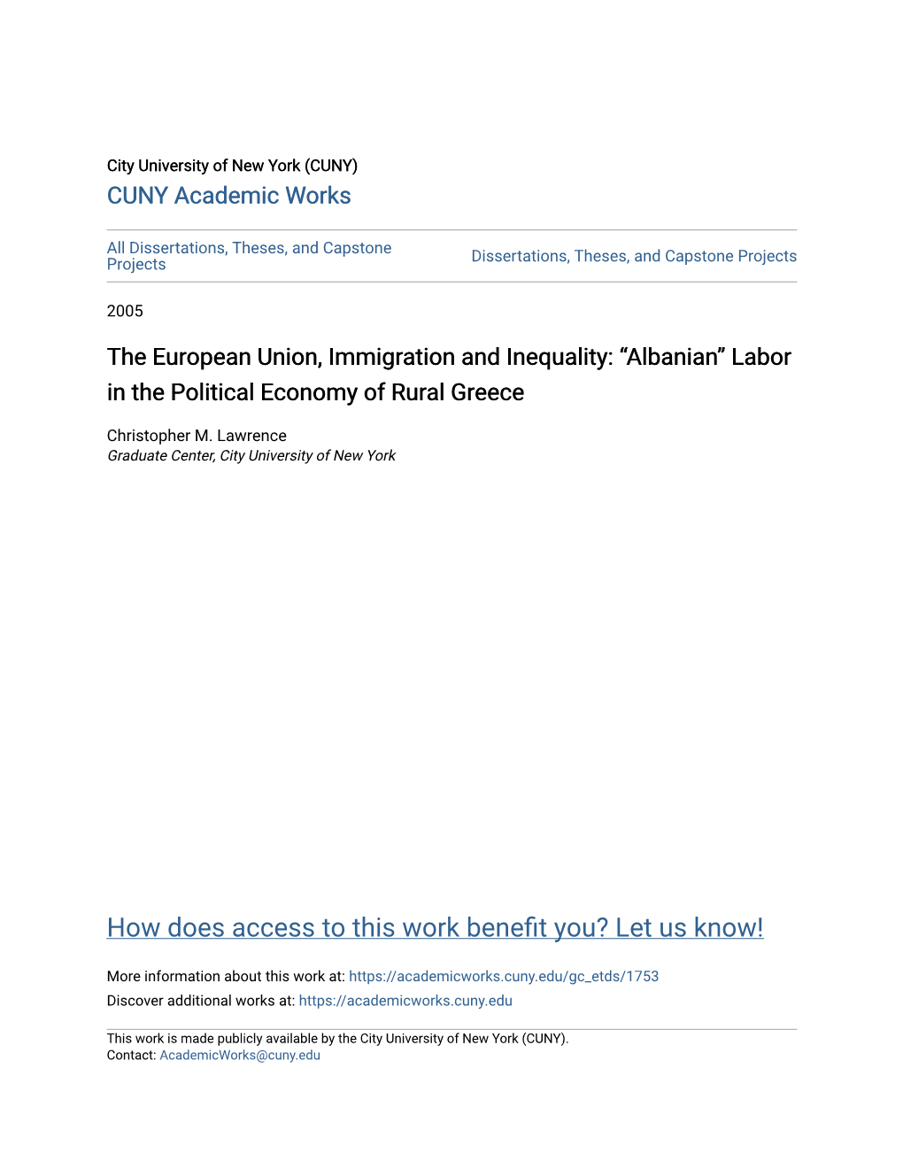The European Union, Immigration and Inequality: “Albanian” Labor in the Political Economy of Rural Greece