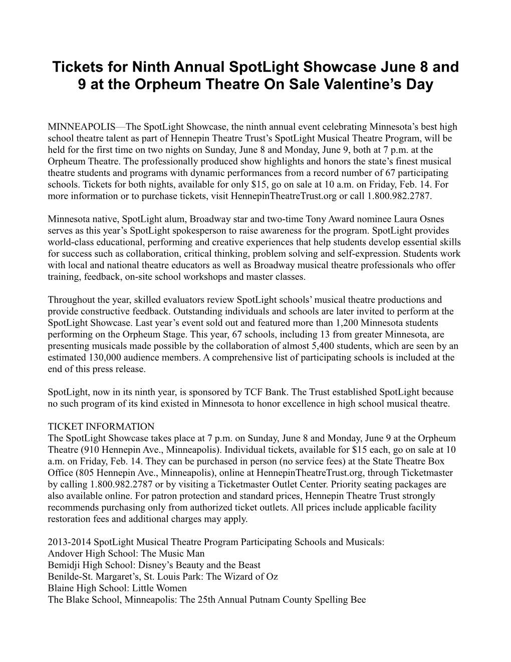 Tickets for Ninth Annual Spotlight Showcase June 8 and 9 at the Orpheum Theatre on Sale Valentine’S Day