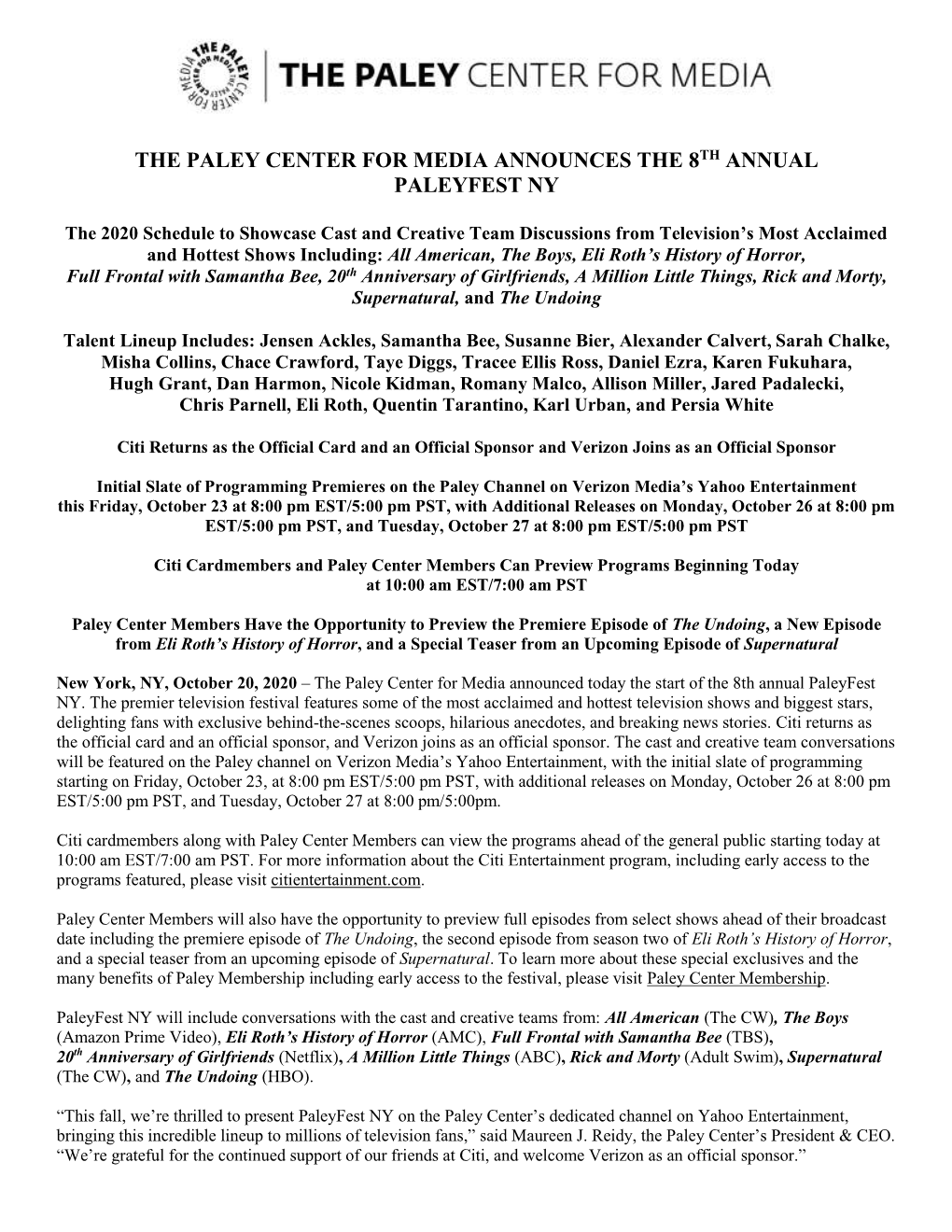 The Paley Center for Media Announces the 8Th Annual Paleyfest Ny