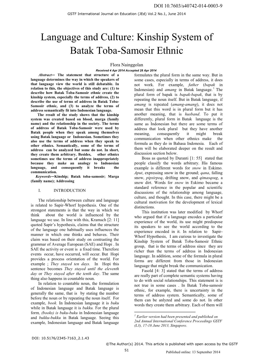 Language and Culture: Kinship System of Batak Toba-Samosir Ethnic