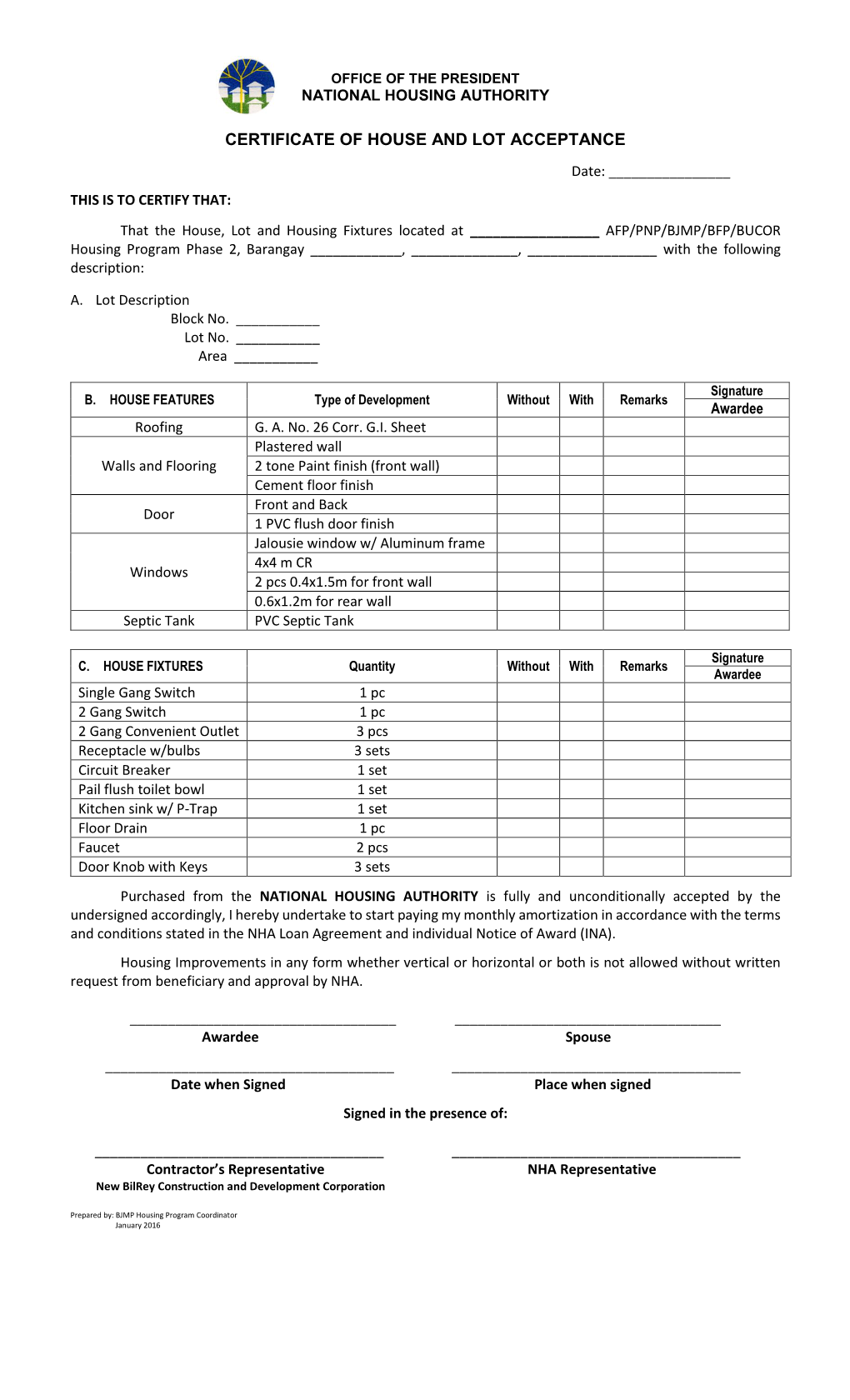 Certificate of House and Lot Acceptance