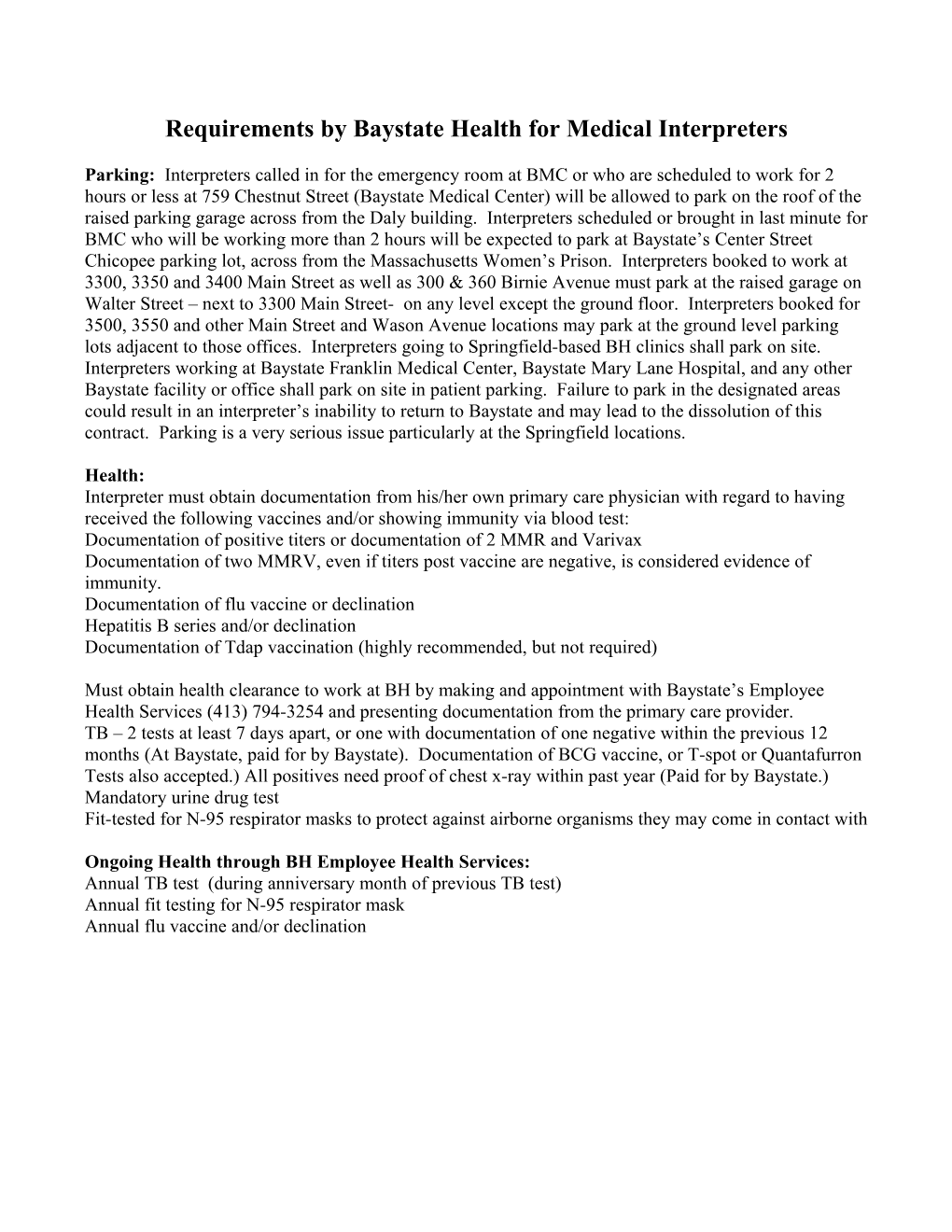 Requirements by Baystate Health for Contracts with Medical Interpreter Contract Agencies