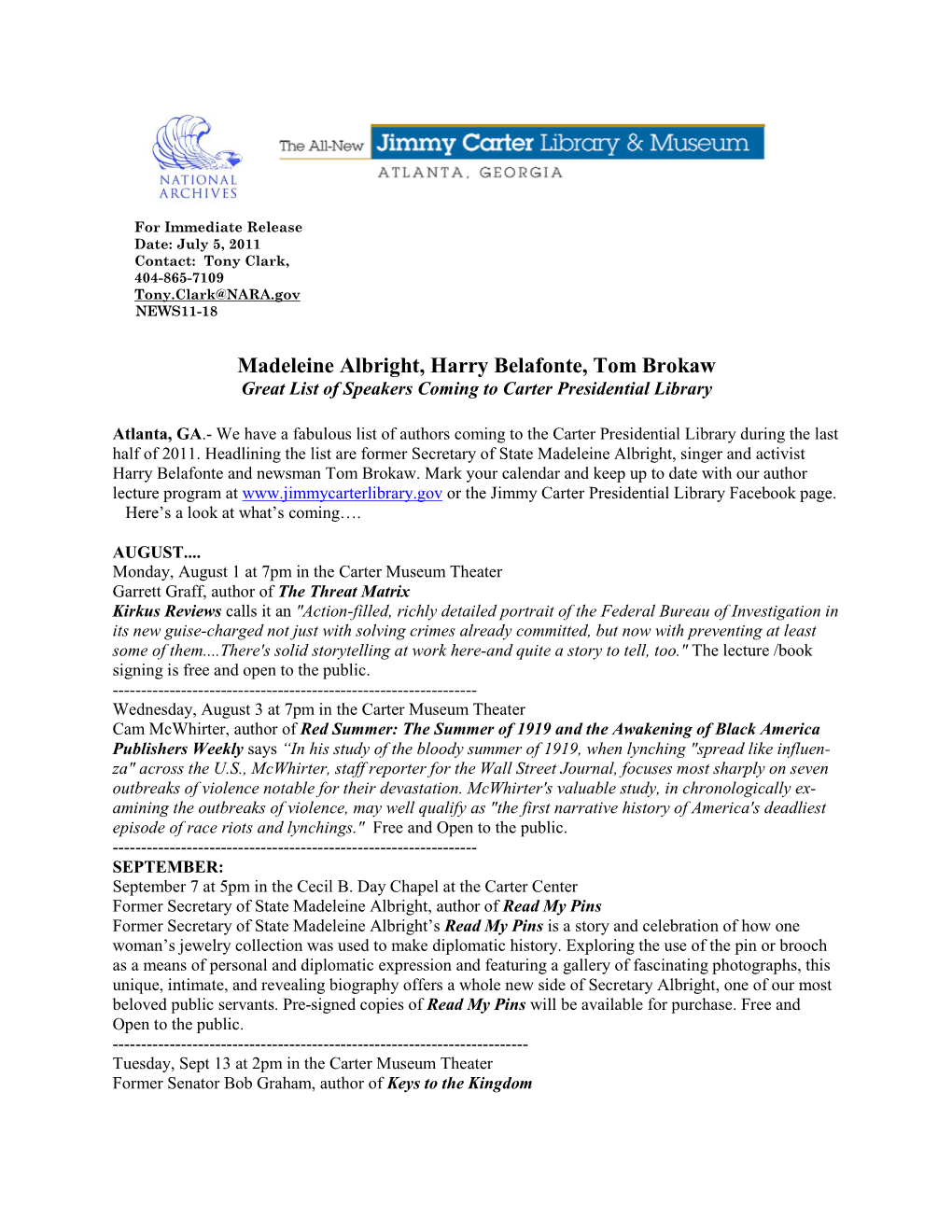 Jimmy Carter Library & Museum News Release