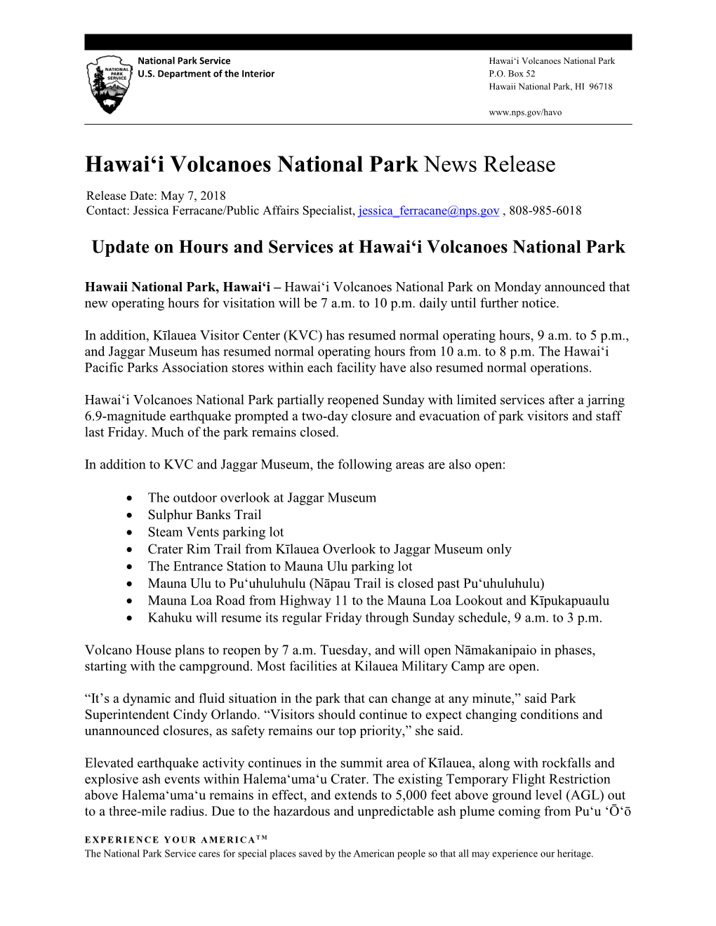 Hawai'i Volcanoes National Park News Release