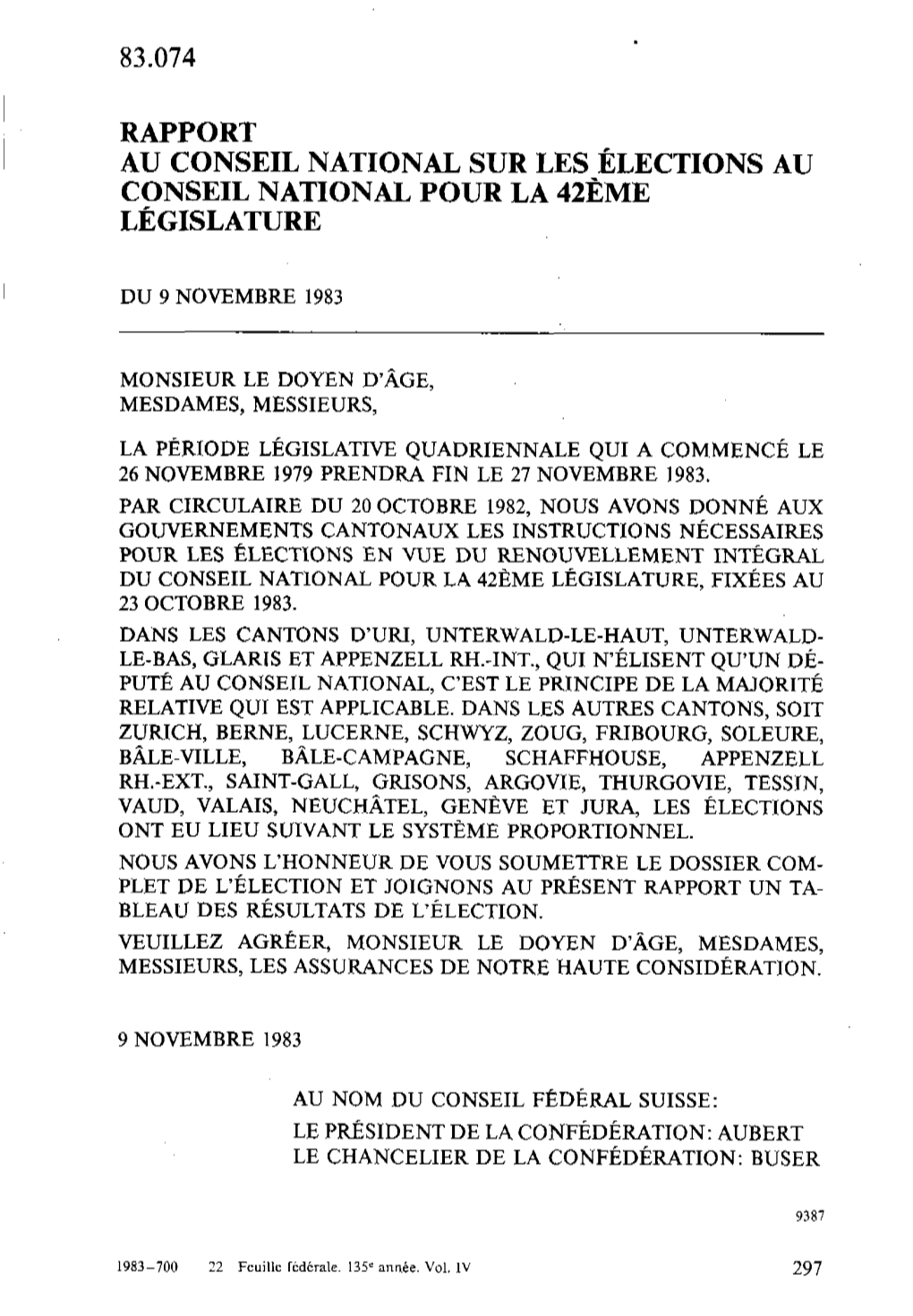 Rapport Au Conseil National Sur Les Élections Au Conseil National Pour La 42Ème Législature