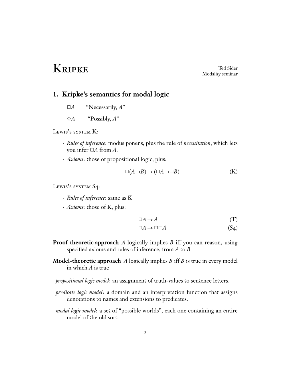 1. Kripke's Semantics for Modal Logic