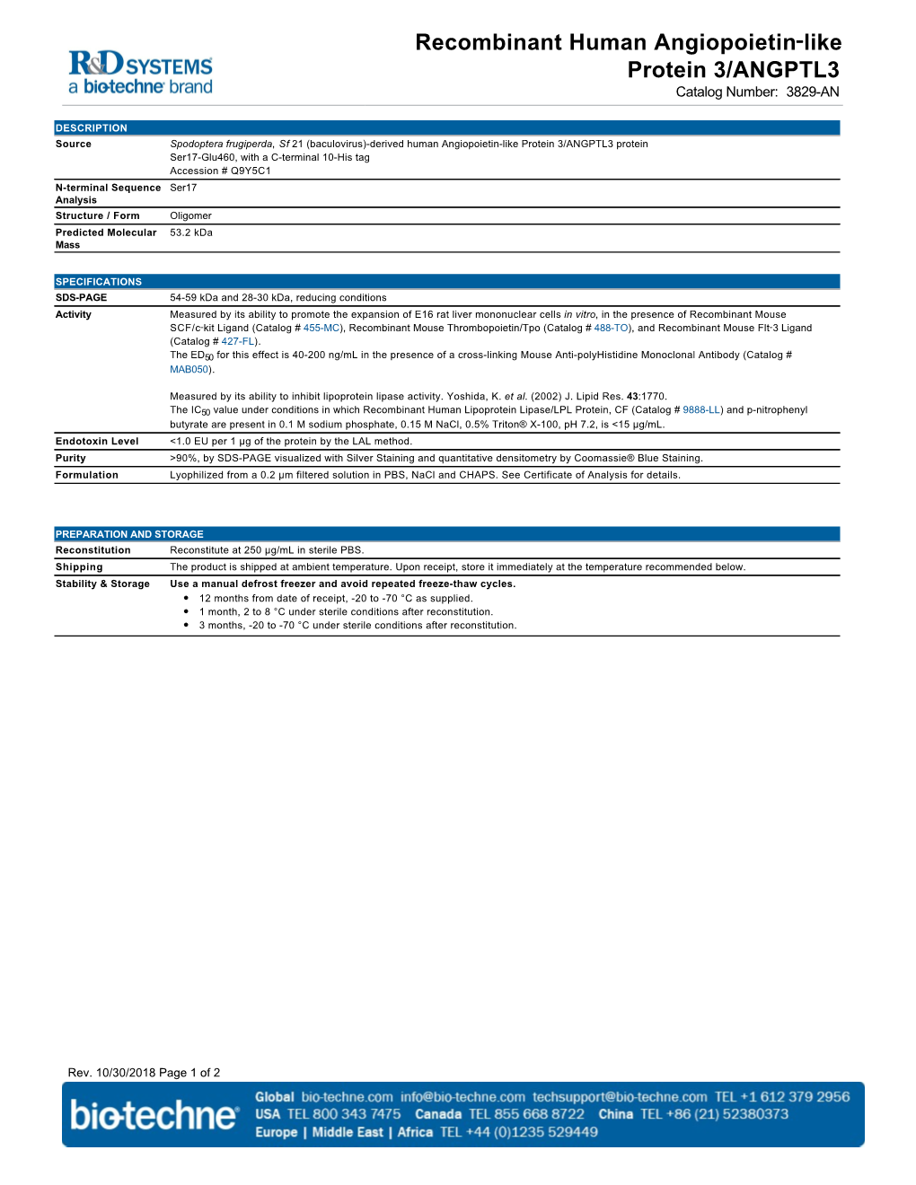 Recombinant Human Angiopoietin‑Like Protein 3/ANGPTL3 Catalog Number: 3829-AN